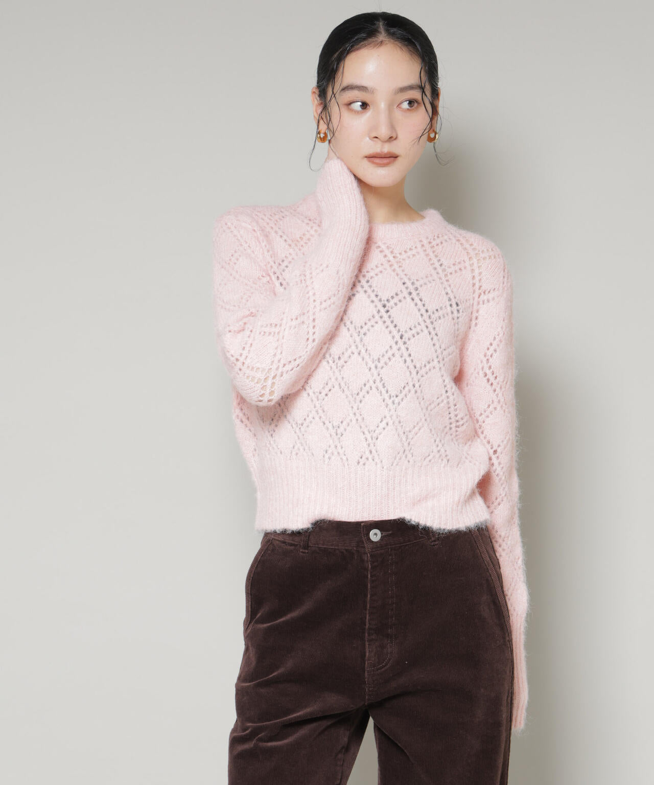 ヘアリー透かしダイヤ柄ニットプルオーバー