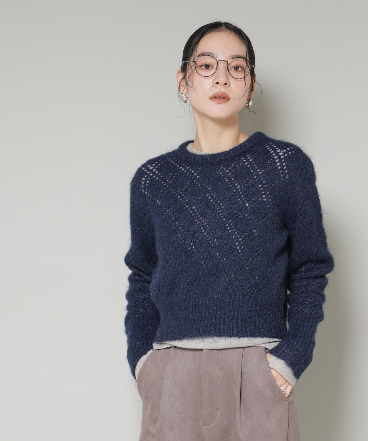 ヘアリー透かしダイヤ柄ニットプルオーバー
