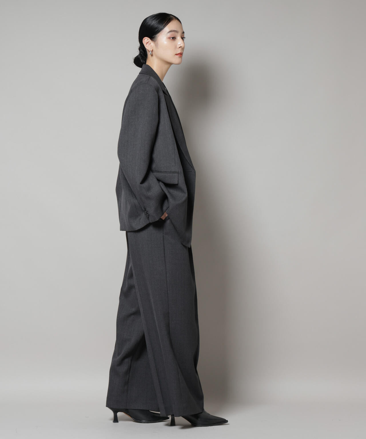 ストレッチサージチェックピンタックイージーワイドパンツ(セットアップ可)