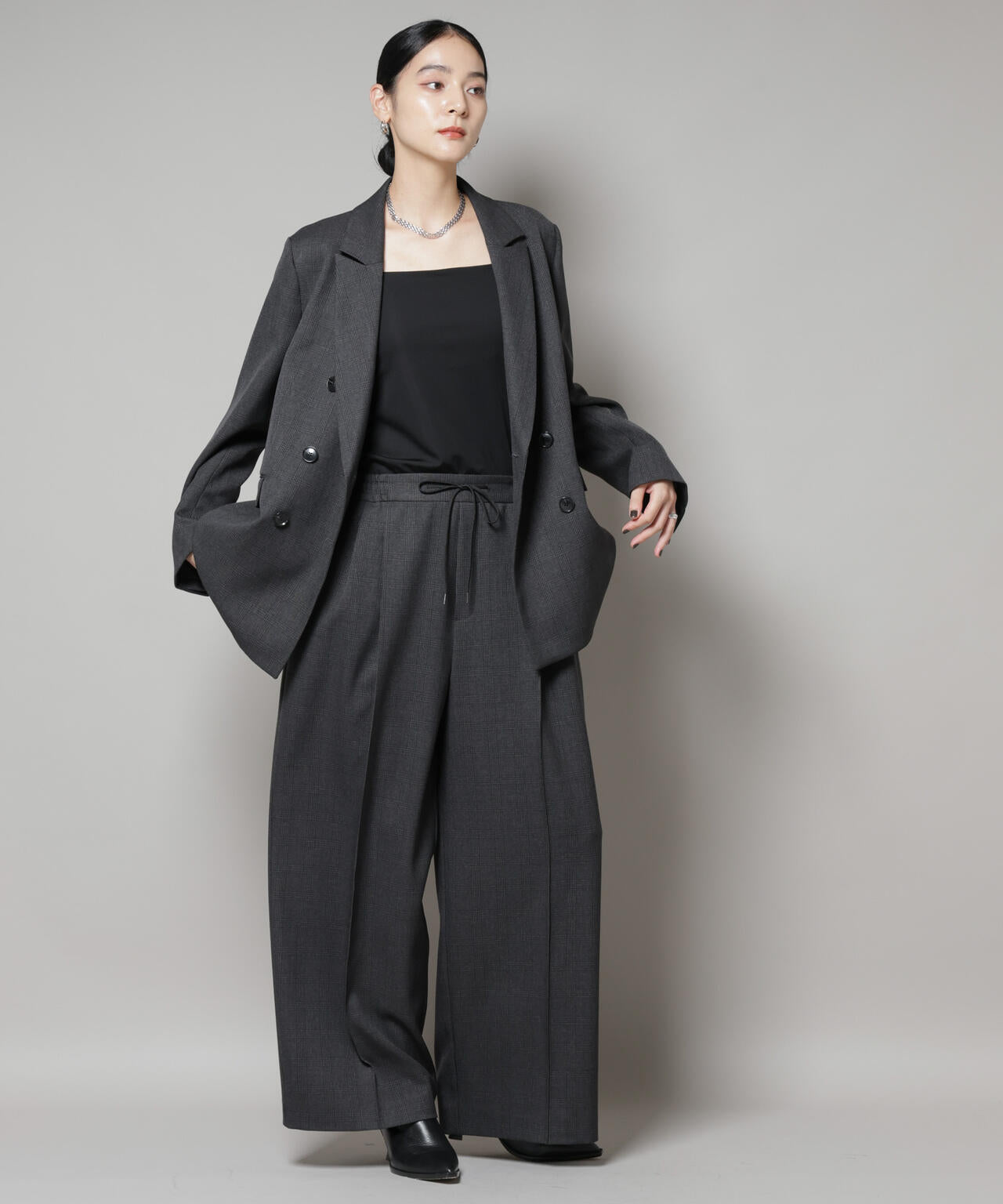 IS:SUE NANO セット ストレッチサージチェックピンタックイージーワイドパンツ