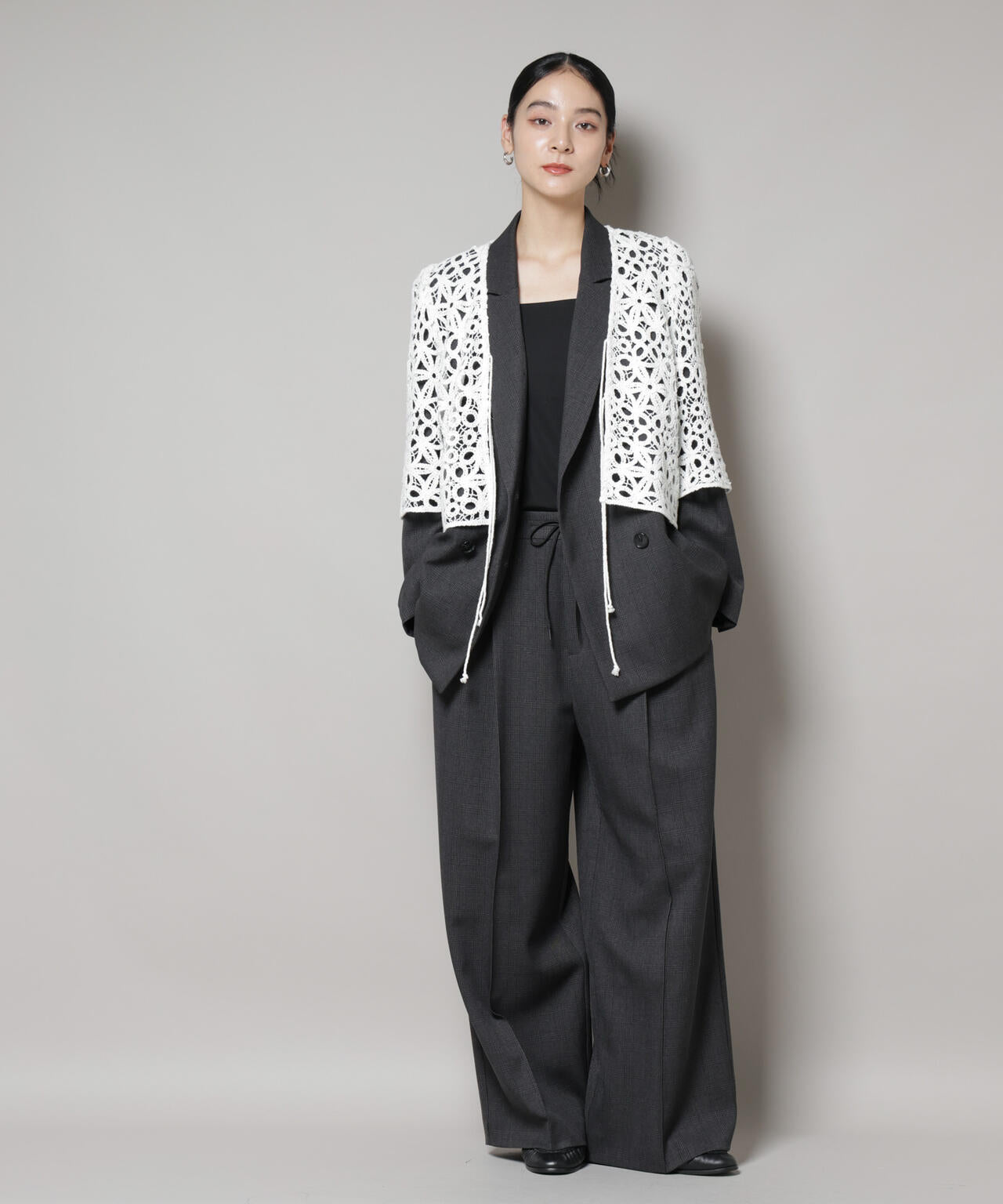 ストレッチサージチェックピンタックイージーワイドパンツ(セットアップ可)