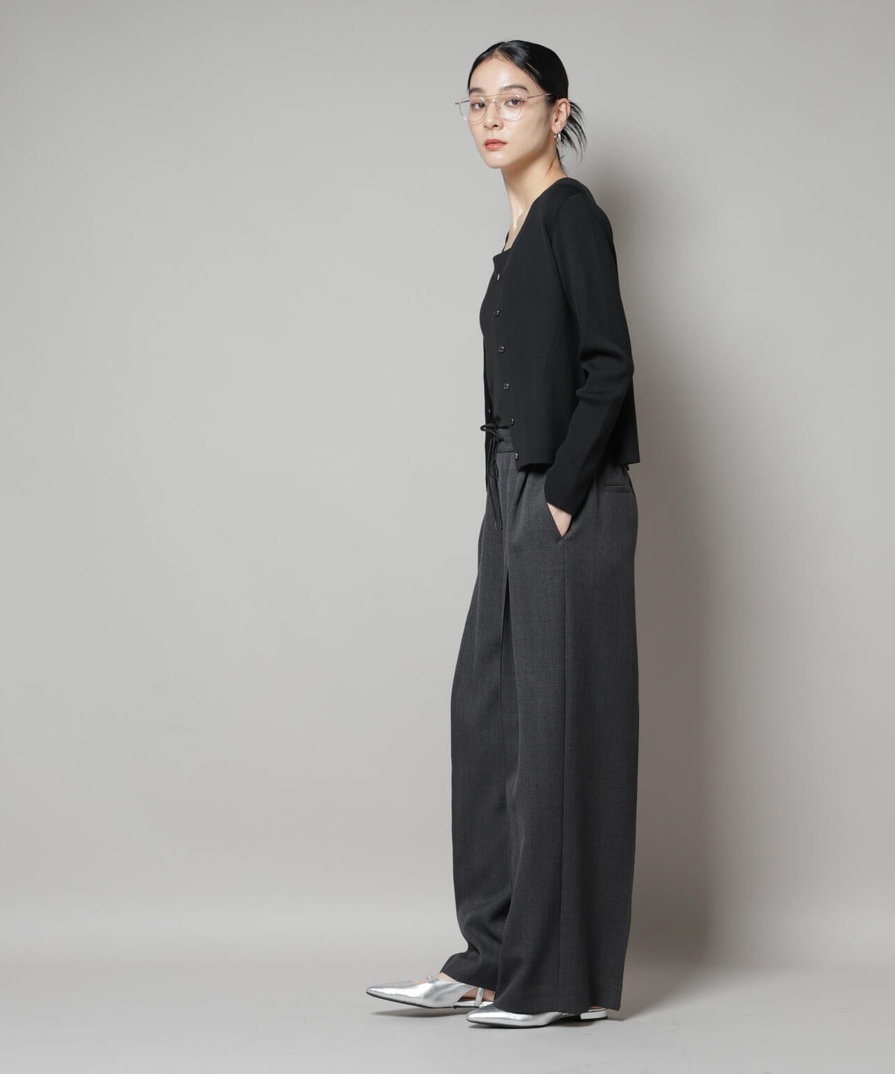 ストレッチサージチェックピンタックイージーワイドパンツ(セットアップ可)