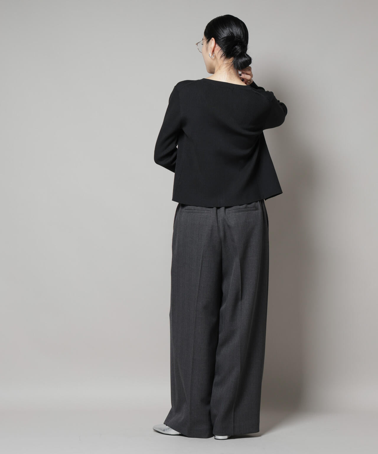 ストレッチサージチェックピンタックイージーワイドパンツ(セットアップ可)