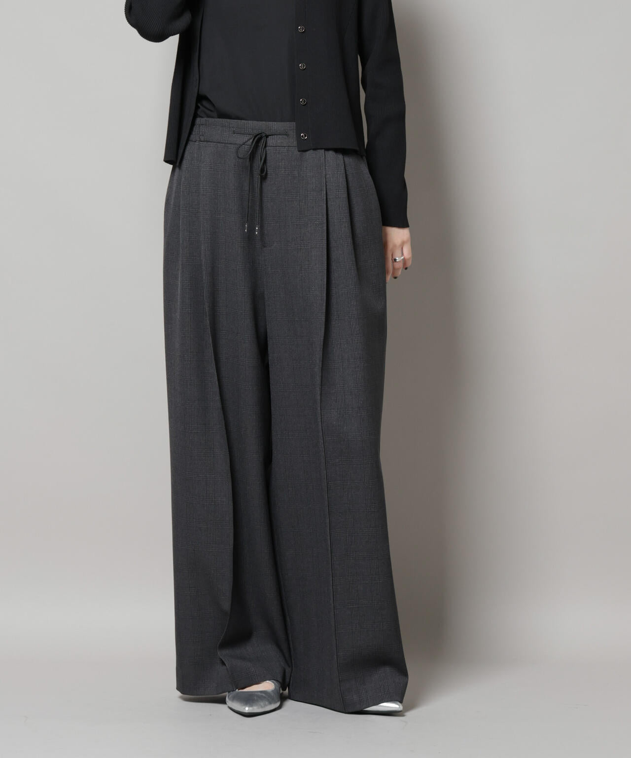 ストレッチサージチェックピンタックイージーワイドパンツ(セットアップ可)