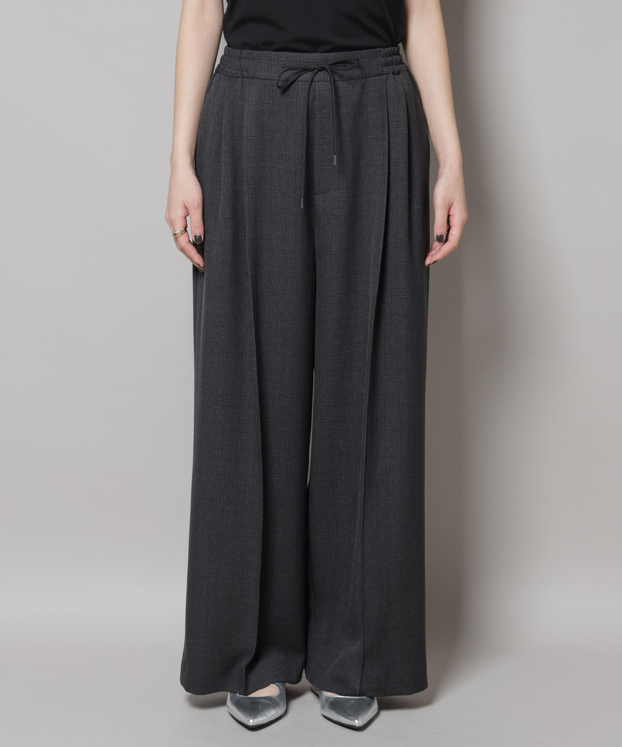ストレッチサージチェックピンタックイージーワイドパンツ(セットアップ可)