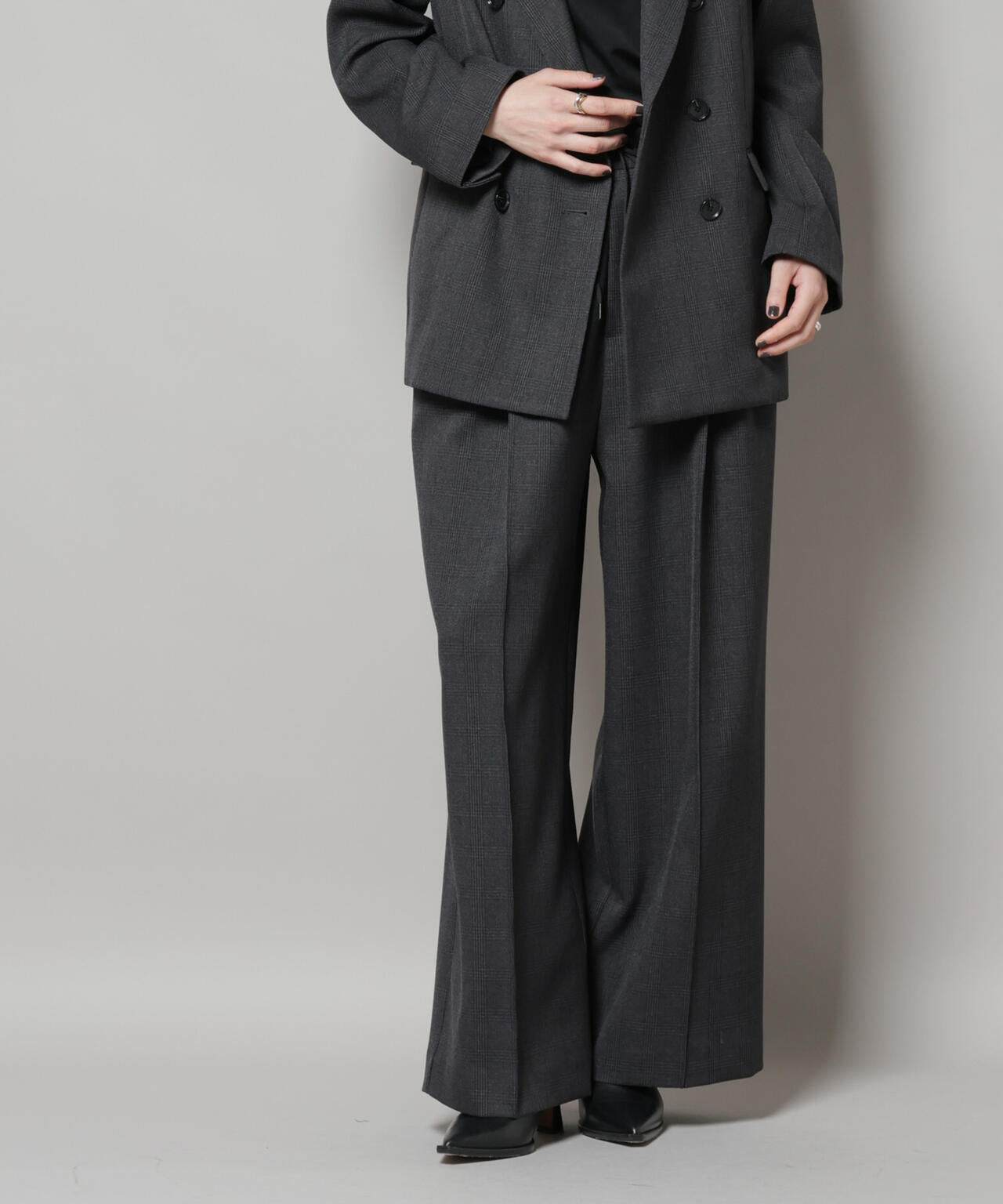 ストレッチサージチェックピンタックイージーワイドパンツ(セットアップ可)