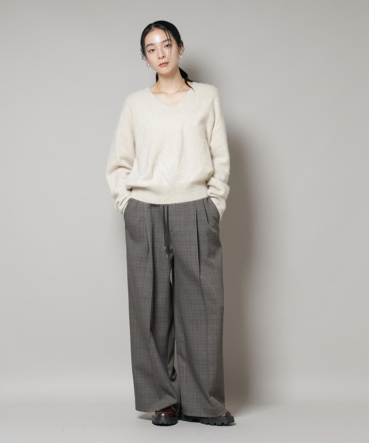 ストレッチサージチェックピンタックイージーワイドパンツ(セットアップ可)