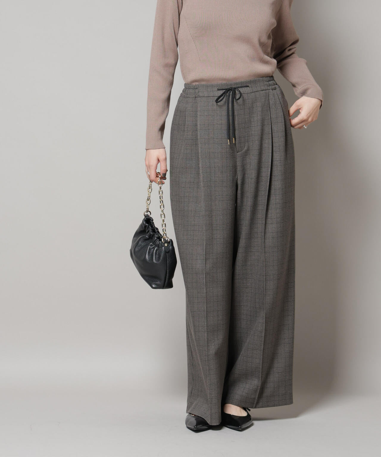 ストレッチサージチェックピンタックイージーワイドパンツ(セットアップ可)