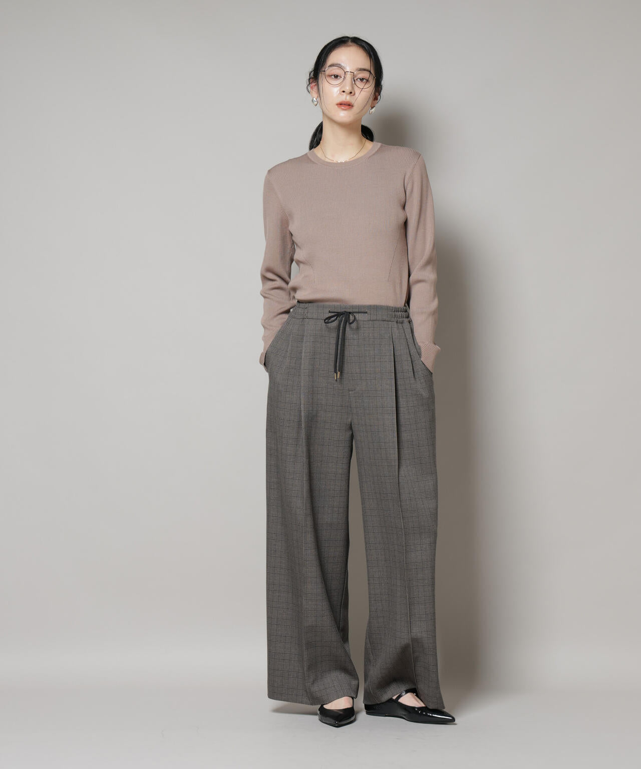 ストレッチサージチェックピンタックイージーワイドパンツ(セットアップ可)
