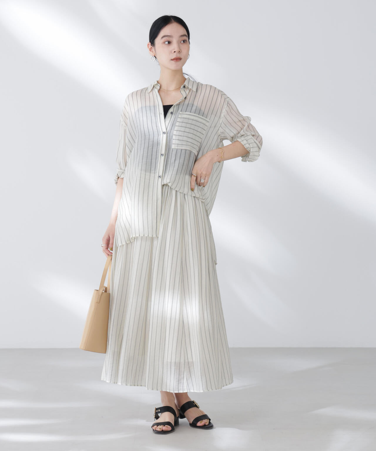 シアーストライプギャザーフレアスカート(セットアップ可)