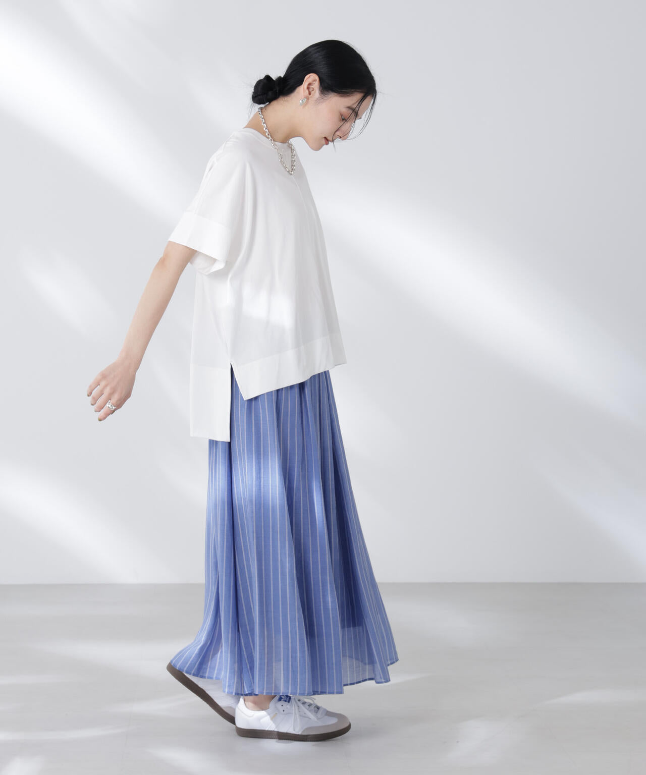 シアーストライプギャザーフレアスカート(セットアップ可)