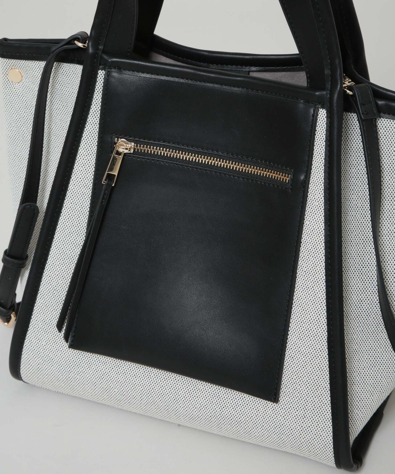 キャンバス×フェイクレザーポケットバッグ