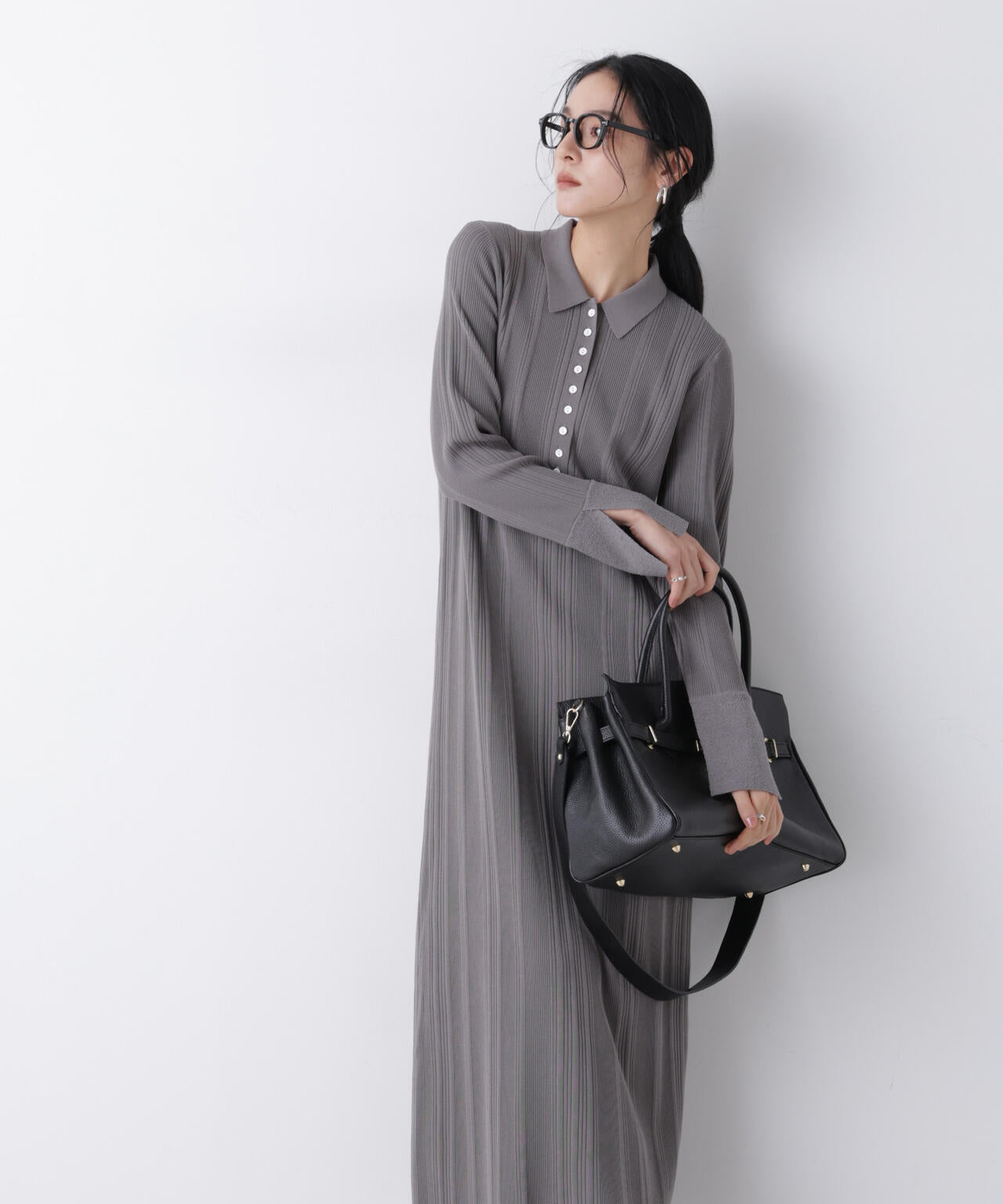 衿付きランダムリブニットワンピース