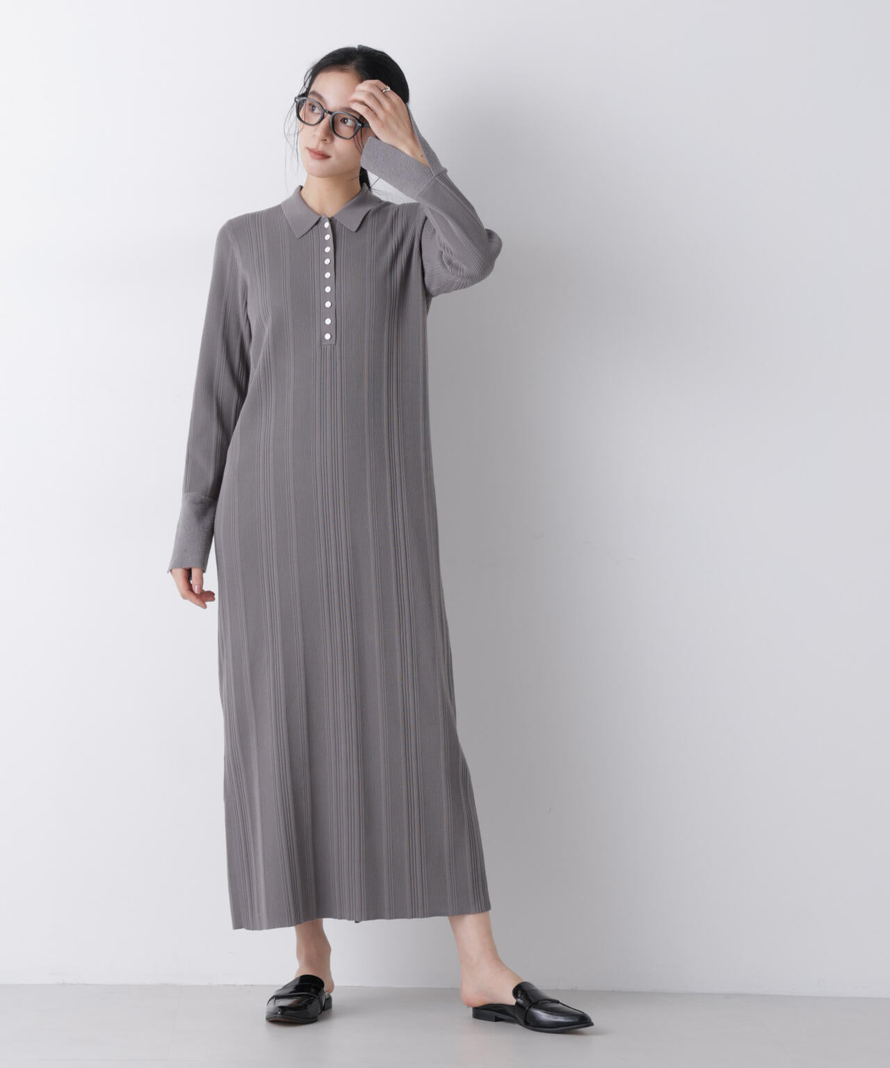 衿付きランダムリブニットワンピース