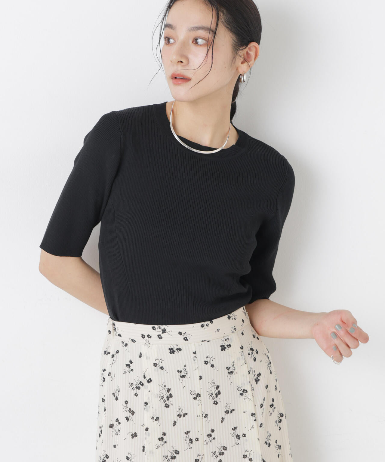 ウォッシャブルハイツイスト五分袖リブニット