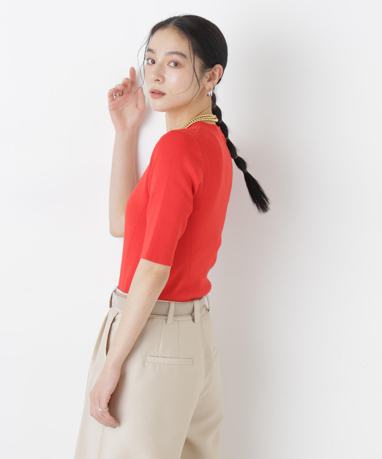 ウォッシャブルハイツイスト五分袖リブニット