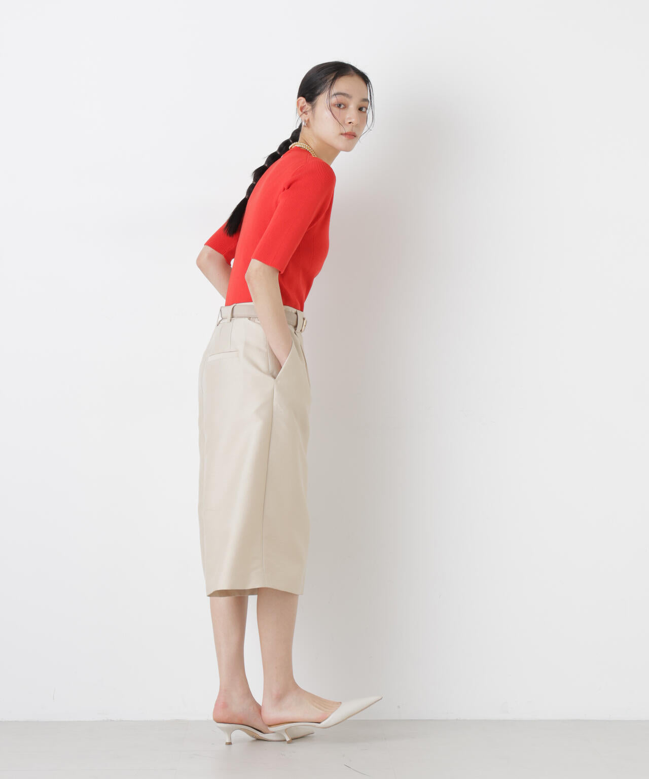 ウォッシャブルハイツイスト五分袖リブニット