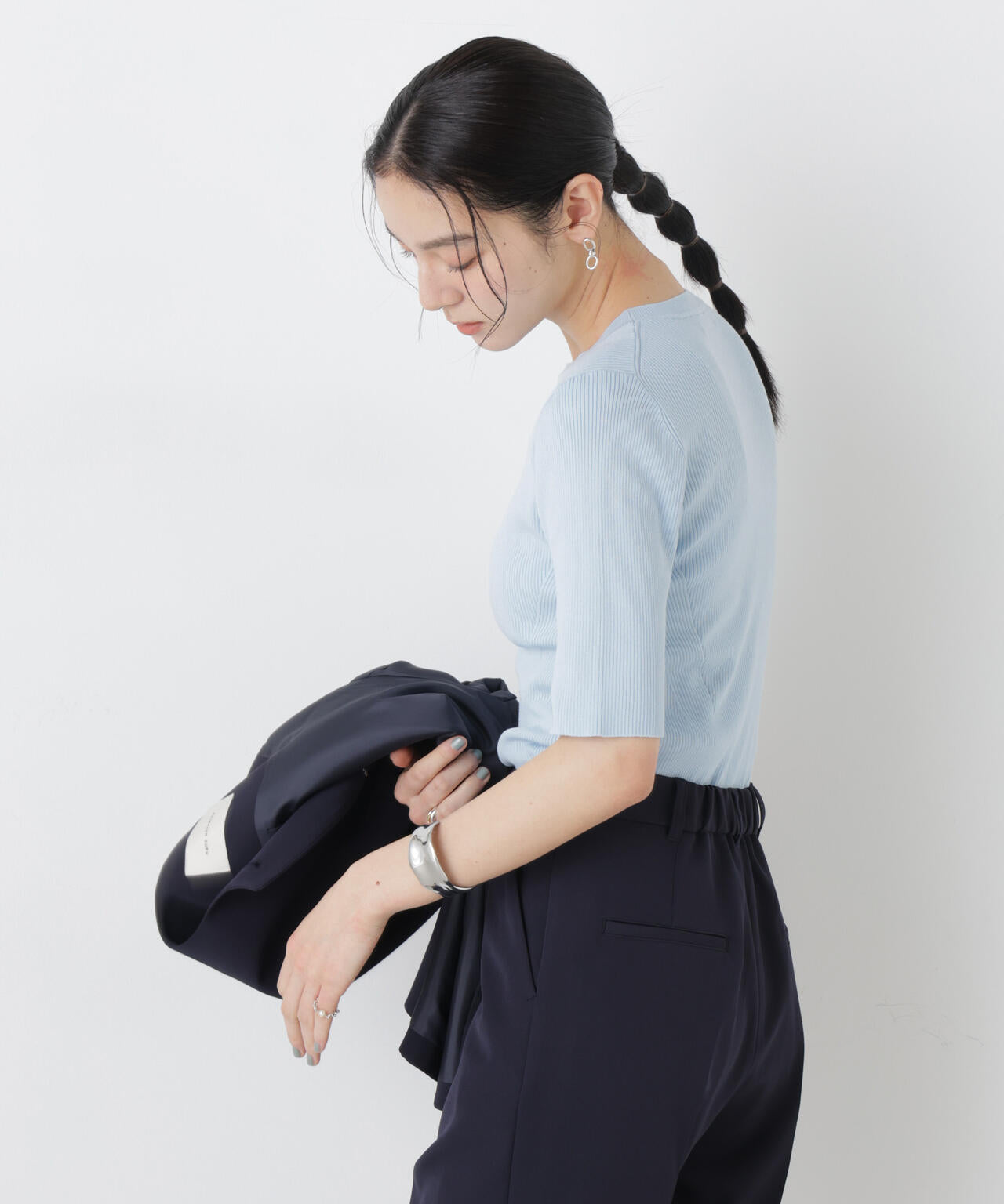 ウォッシャブルハイツイスト五分袖リブニット