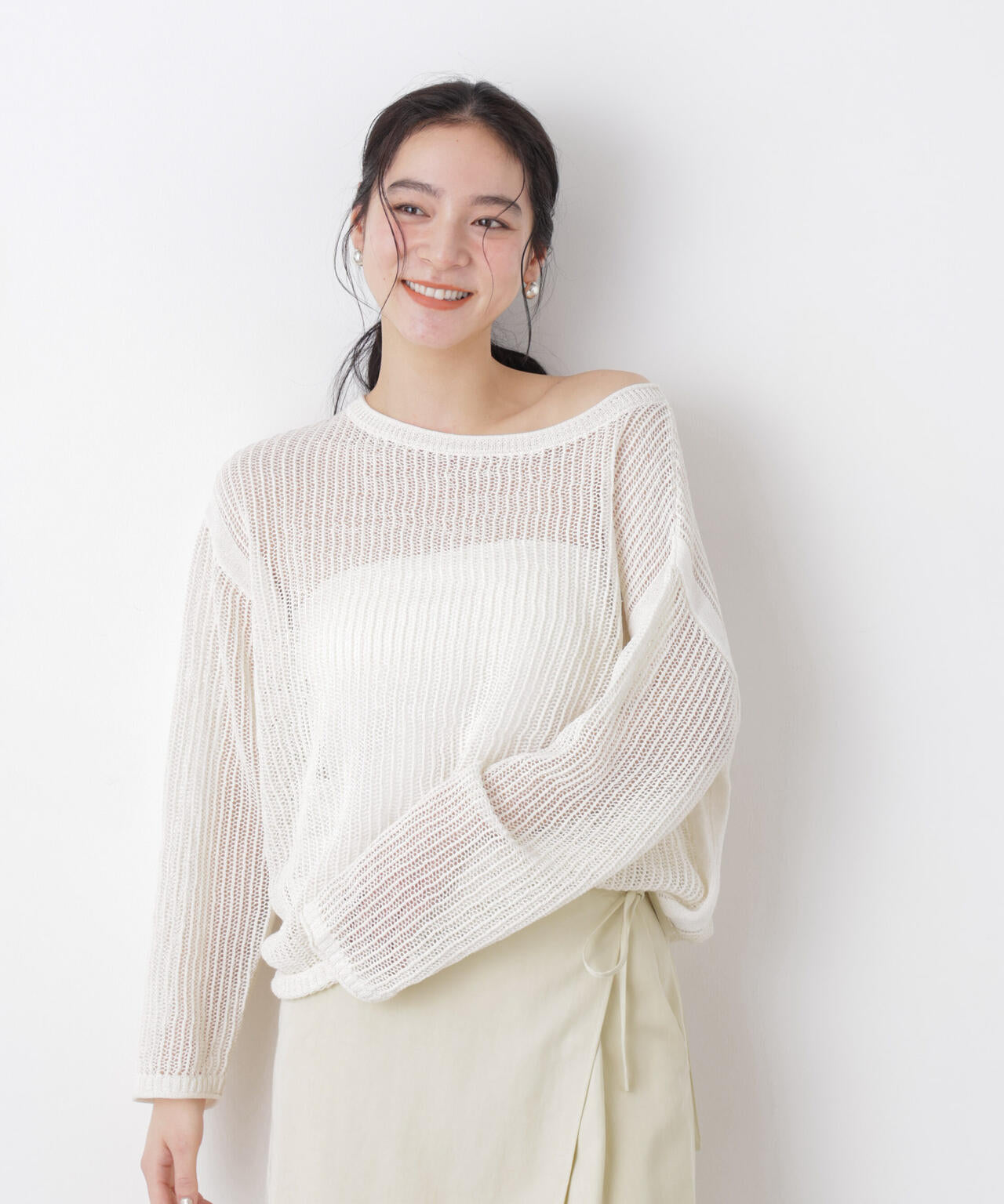 リネン混テープヤーンメッシュワイドニット