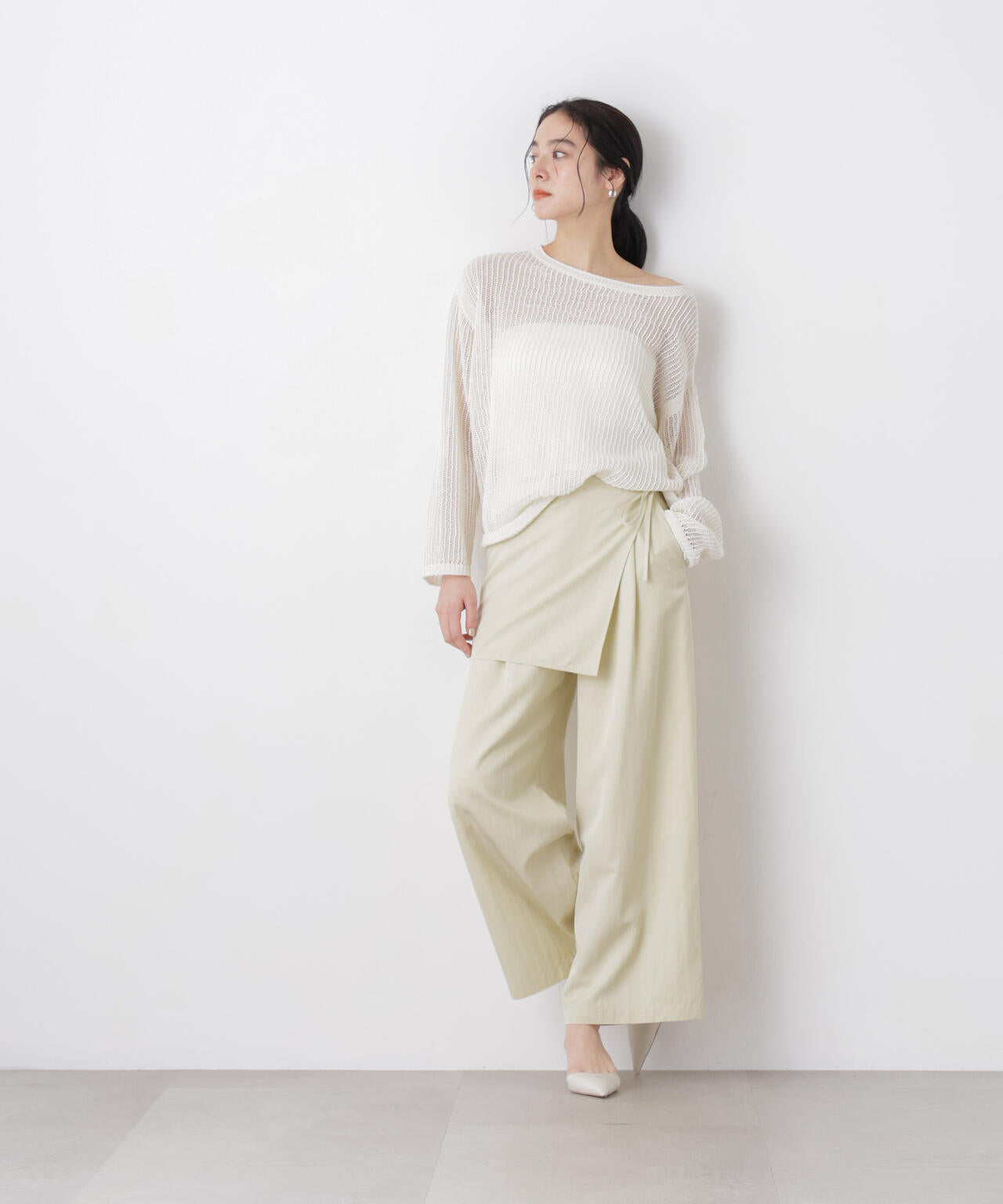 リネン混テープヤーンメッシュワイドニット