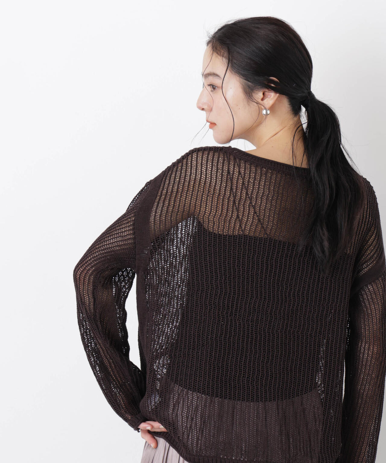 リネン混テープヤーンメッシュワイドニット