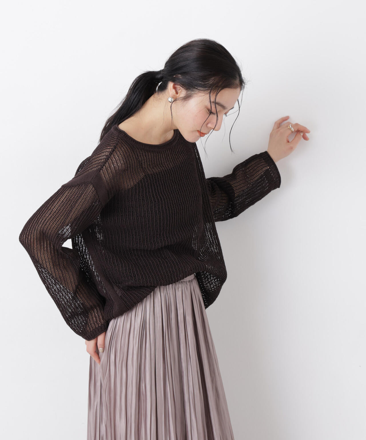 リネン混テープヤーンメッシュワイドニット