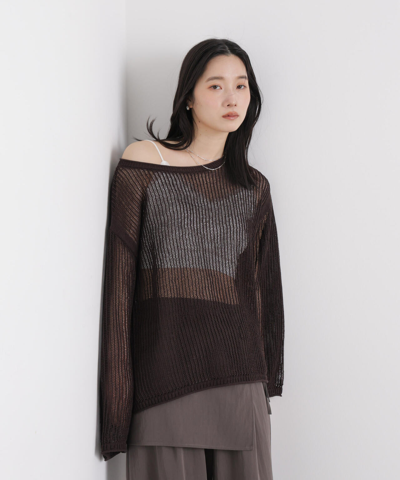 リネン混テープヤーンメッシュワイドニット