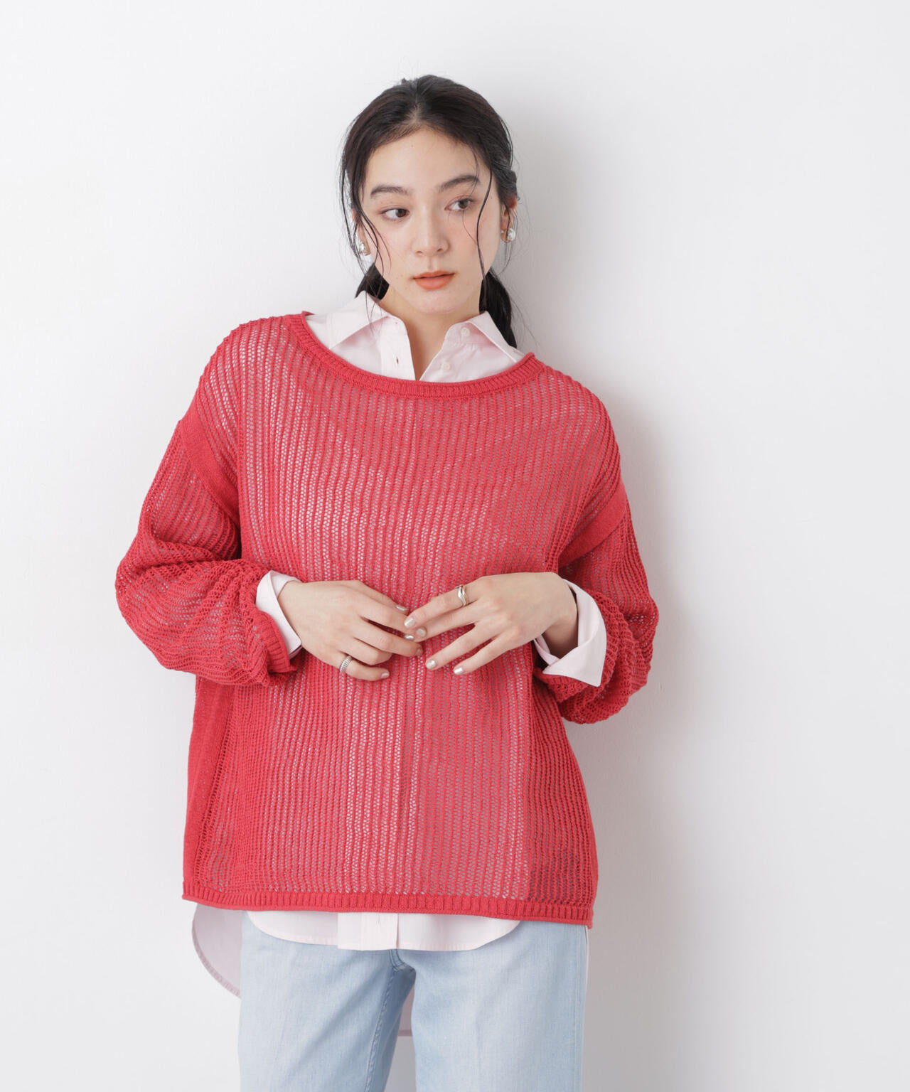 リネン混テープヤーンメッシュワイドニット