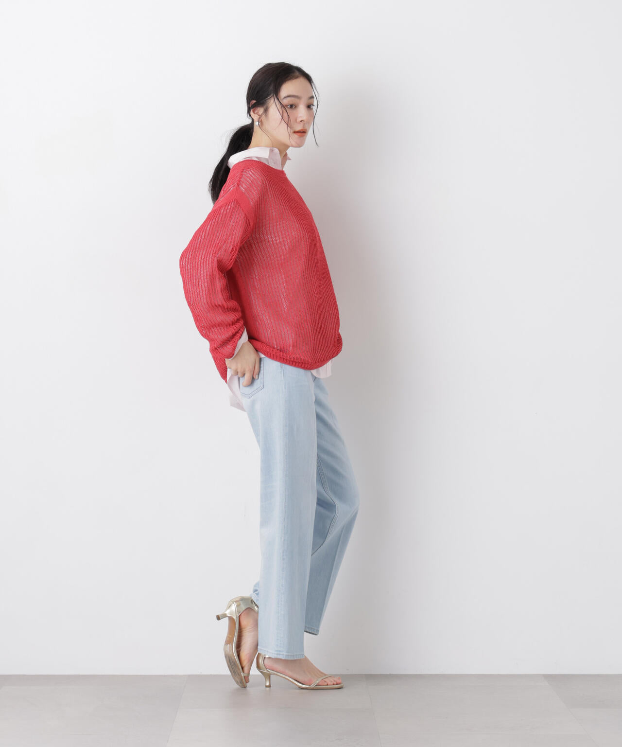 リネン混テープヤーンメッシュワイドニット