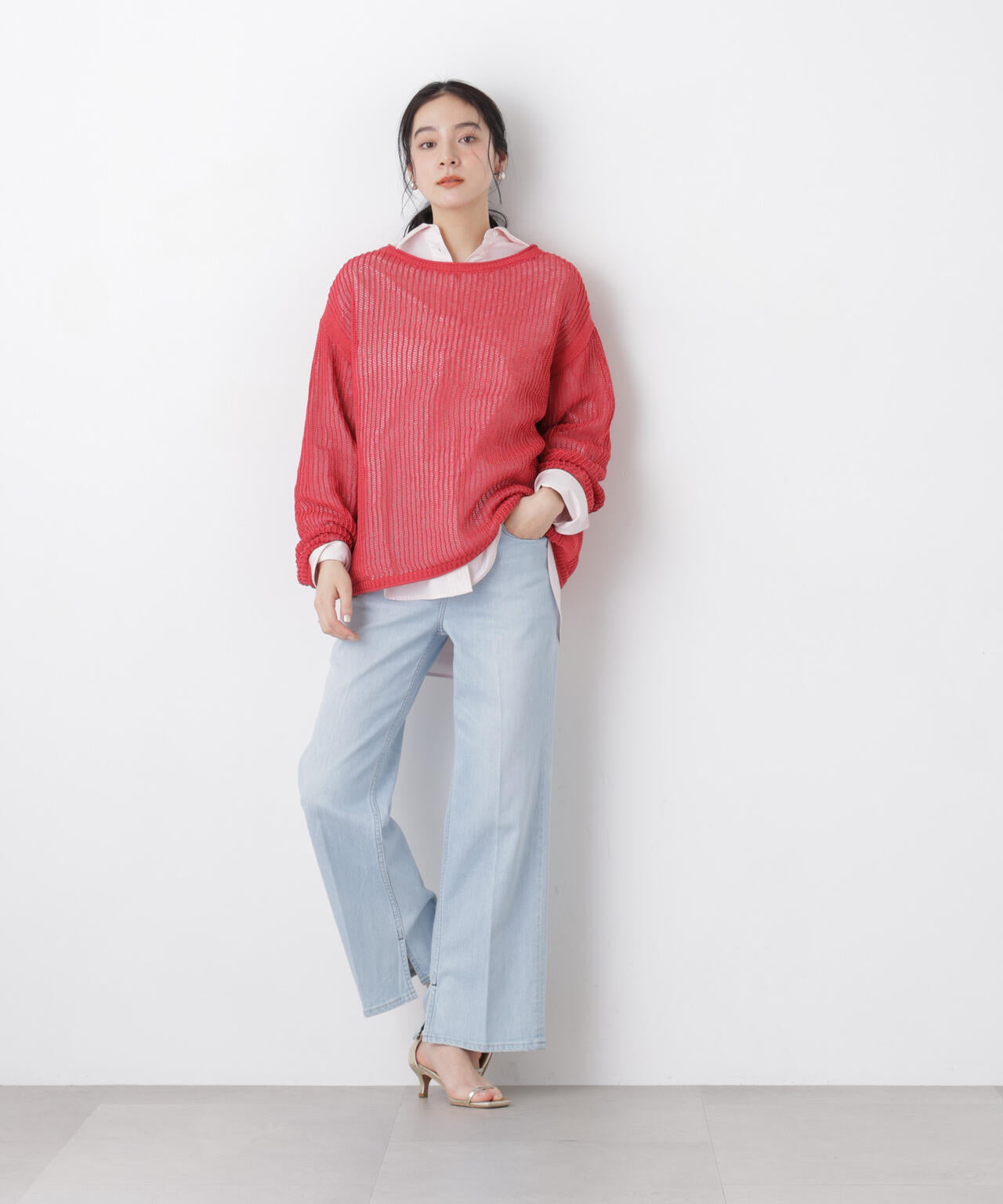 リネン混テープヤーンメッシュワイドニット