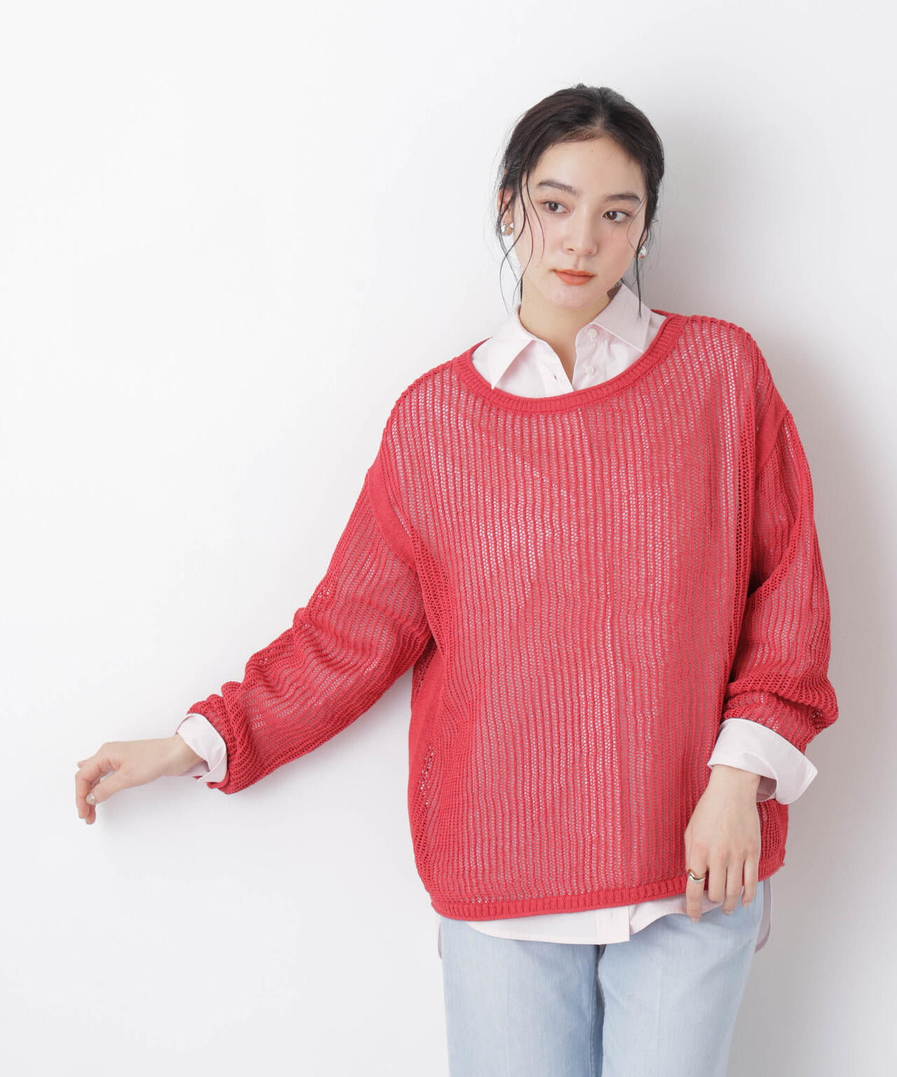 リネン混テープヤーンメッシュワイドニット