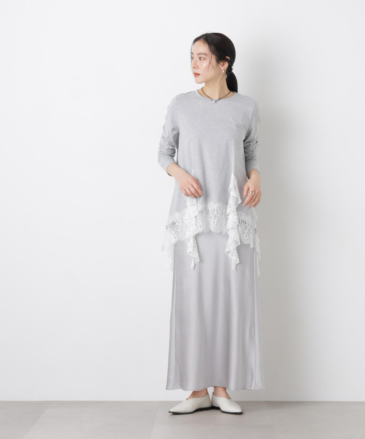 styling /ラッフルニットベアトップ グレー 天竺ラッフルショルダーT
