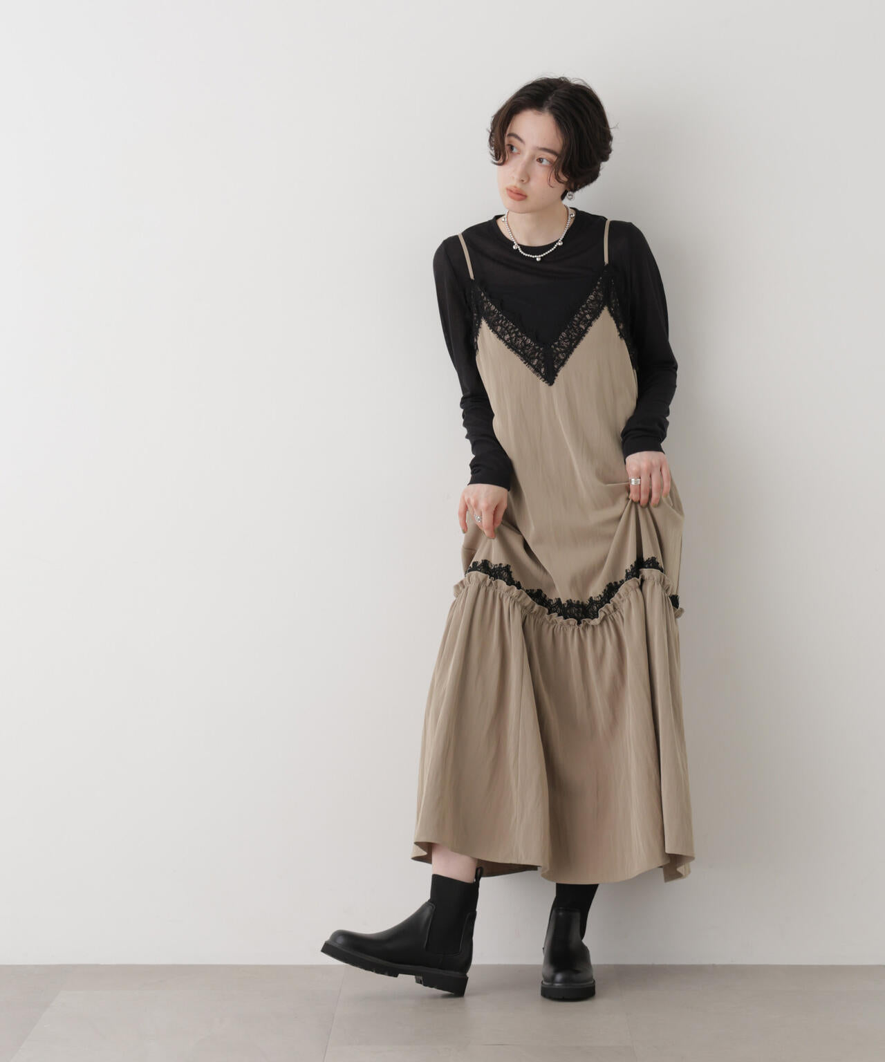 レーストリムツイルギャザーキャミワンピース