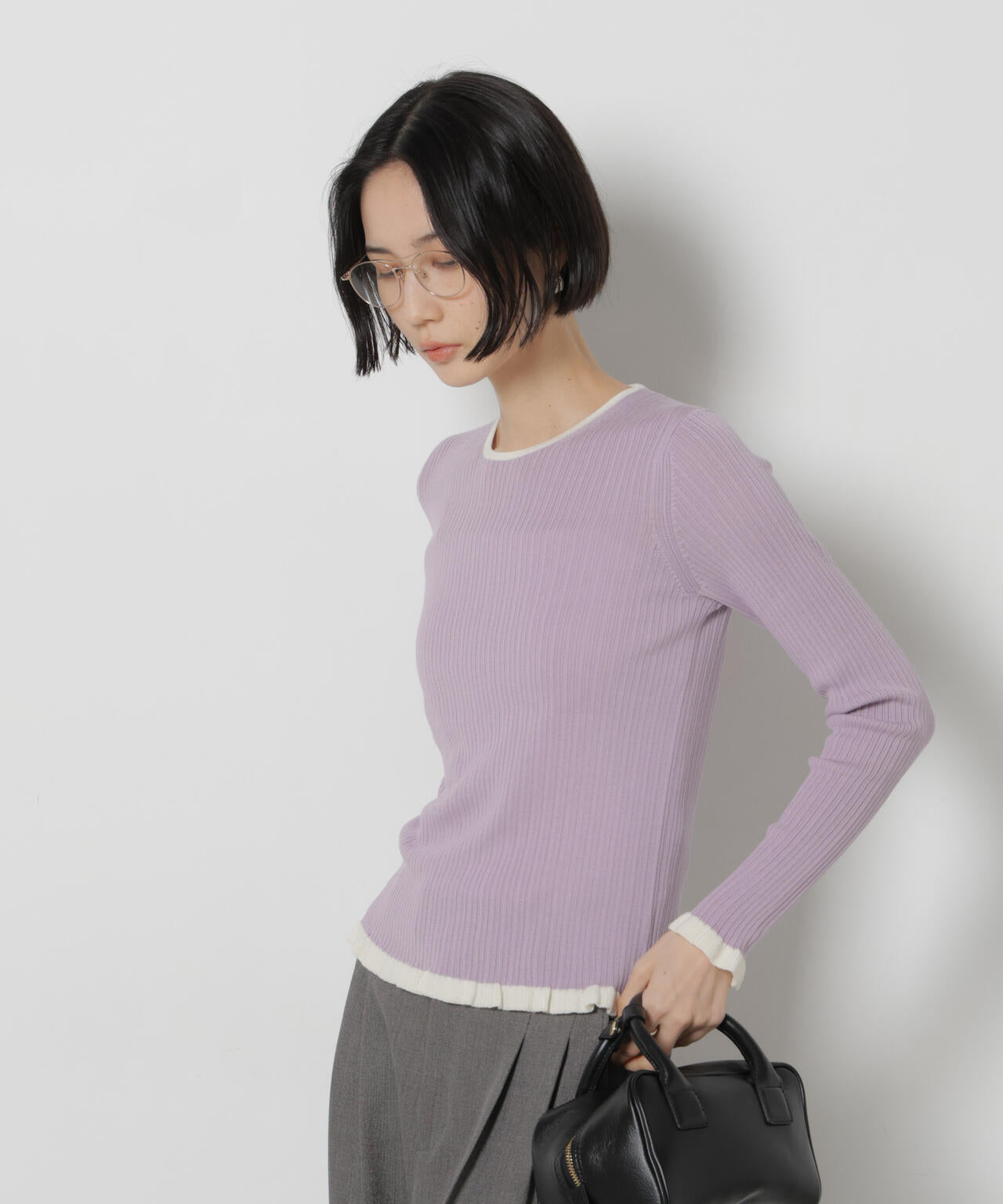 毛玉レスニット バイカラーフリルリブニット