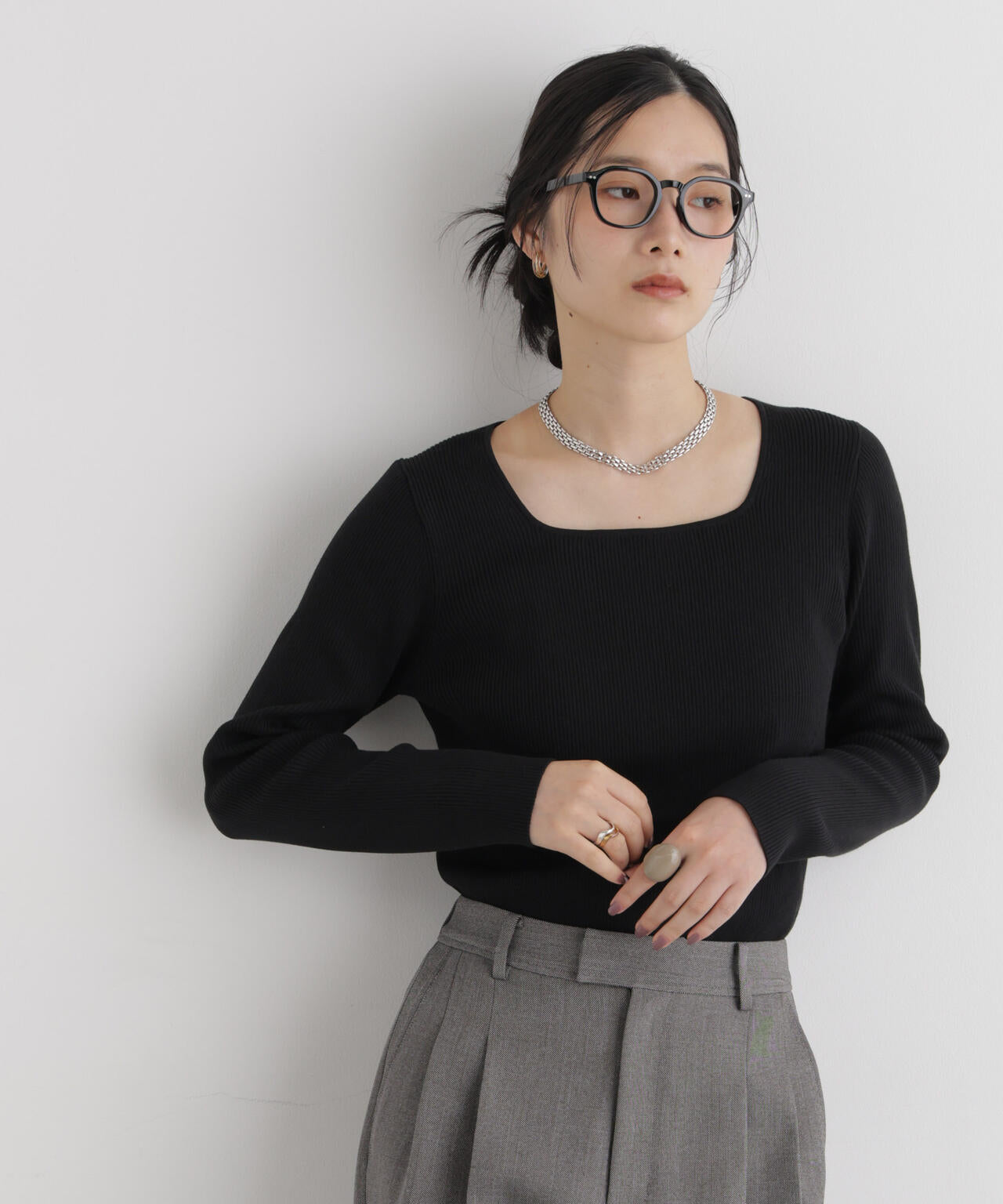 CICA&UVカット加工スクエアネックリブニット