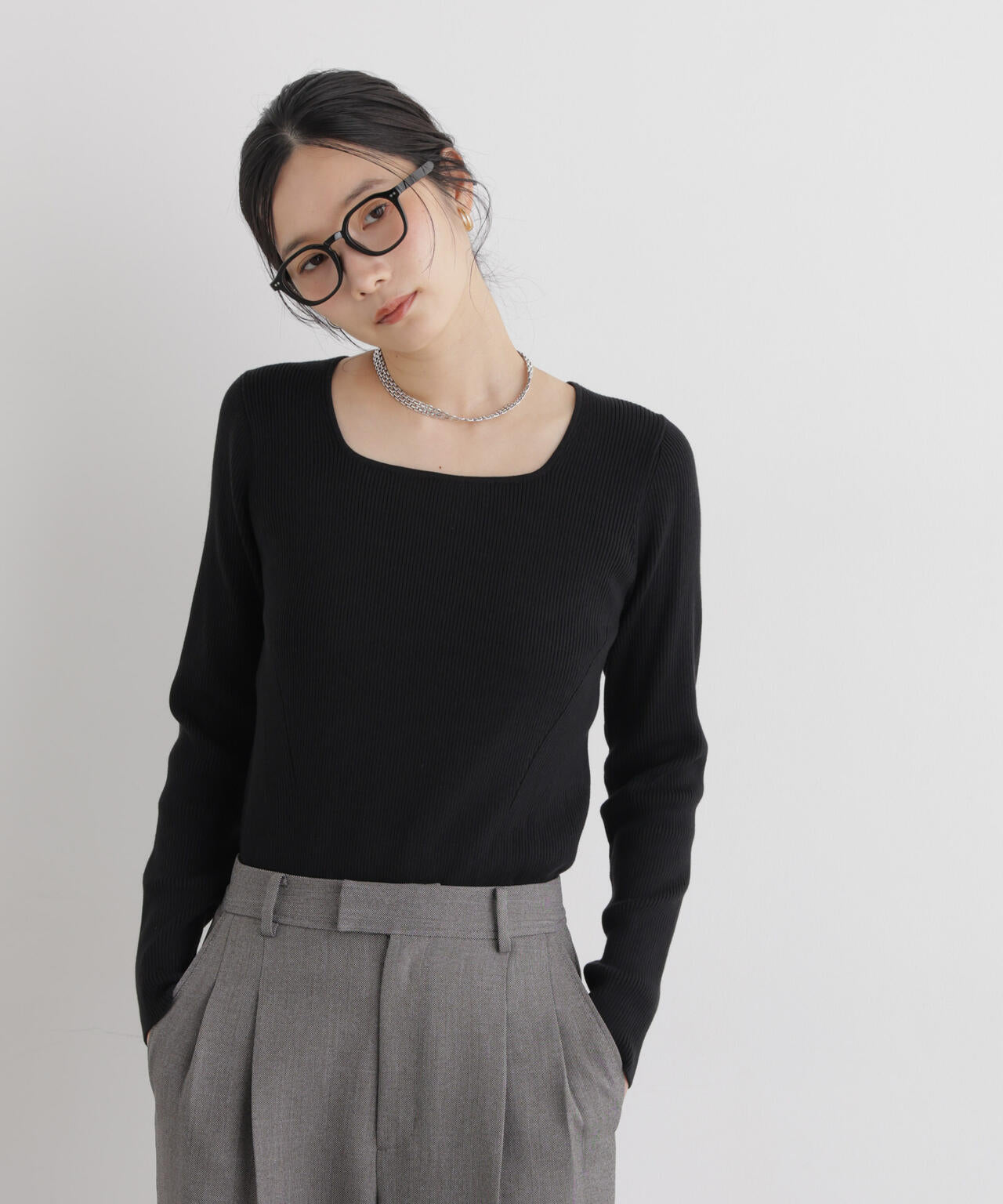 CICA&UVカット加工スクエアネックリブニット