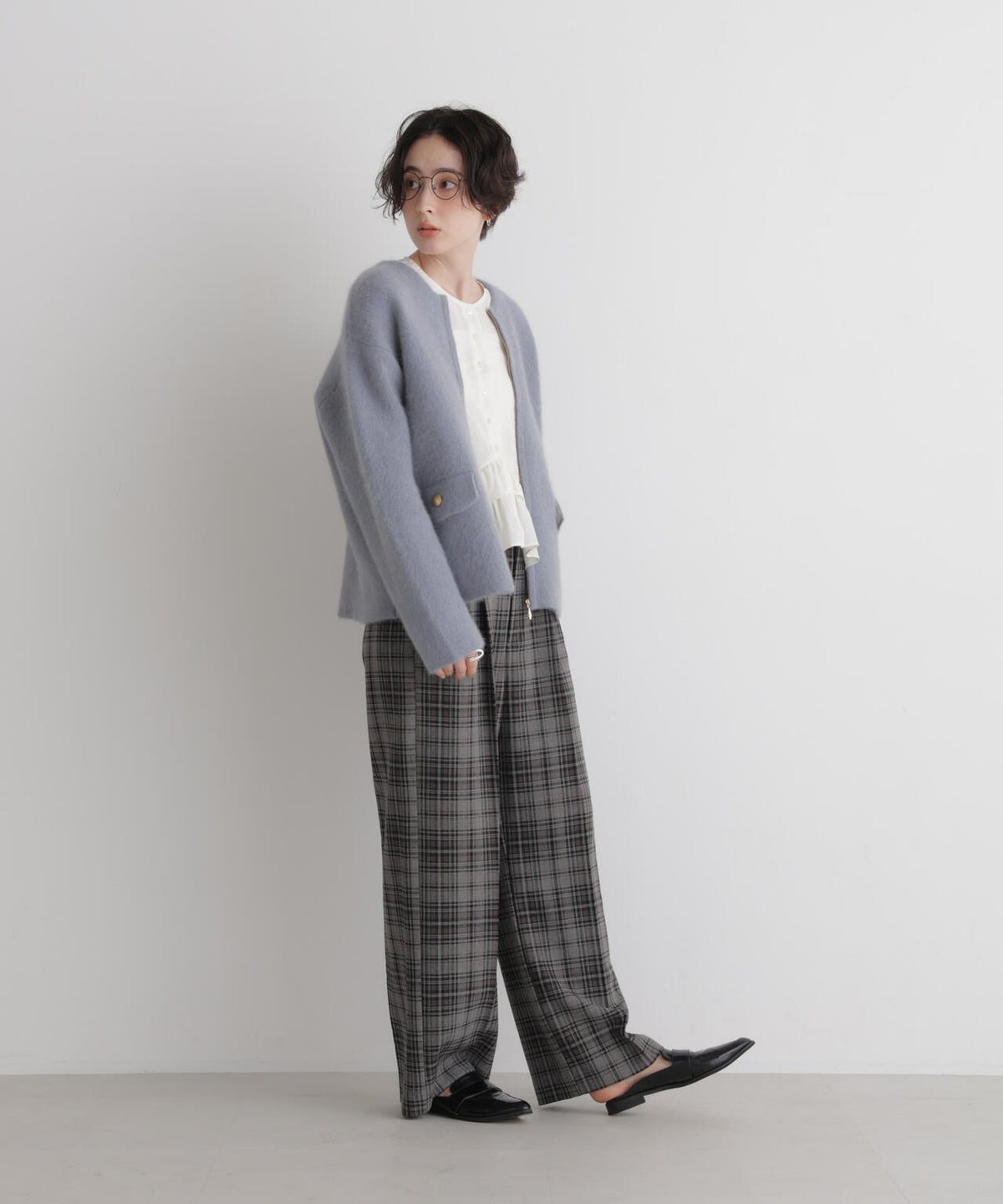 ツイーディーチェックタックワイドパンツ(セットアップ可)