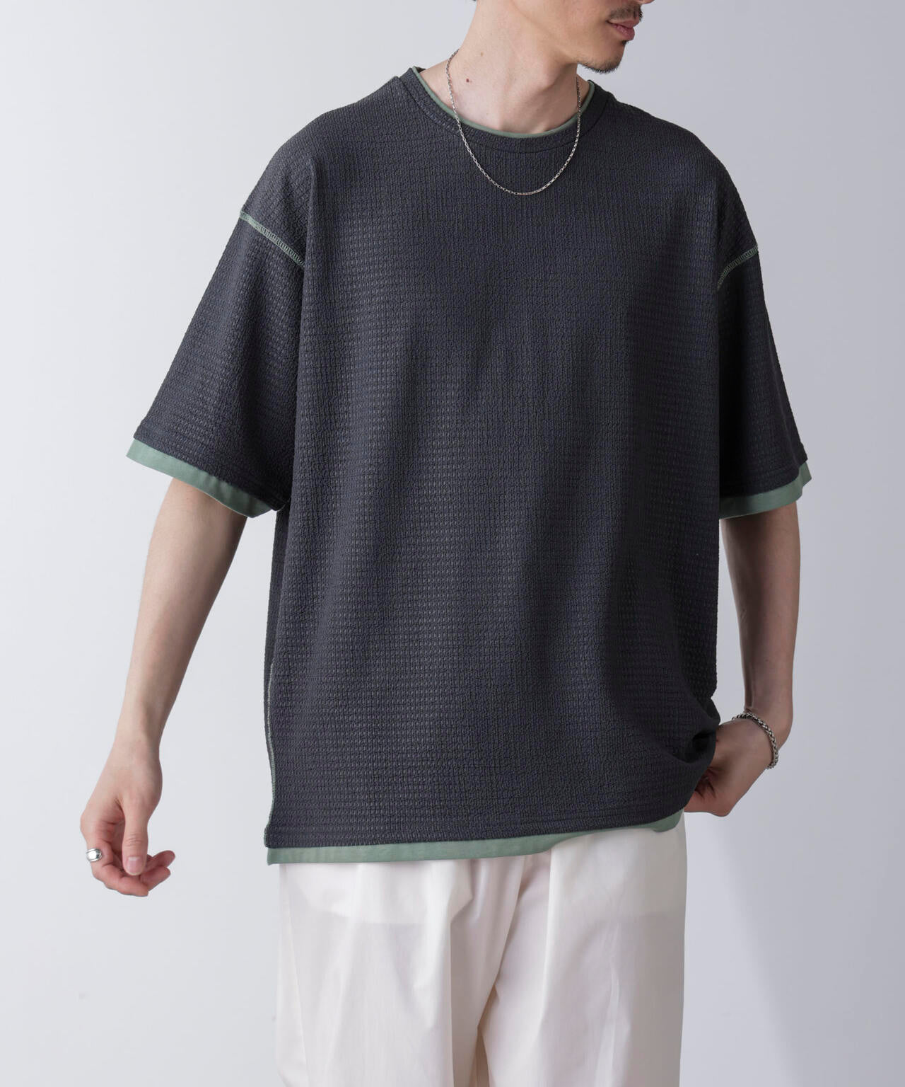 カラーステッチジャガードTシャツ 半袖