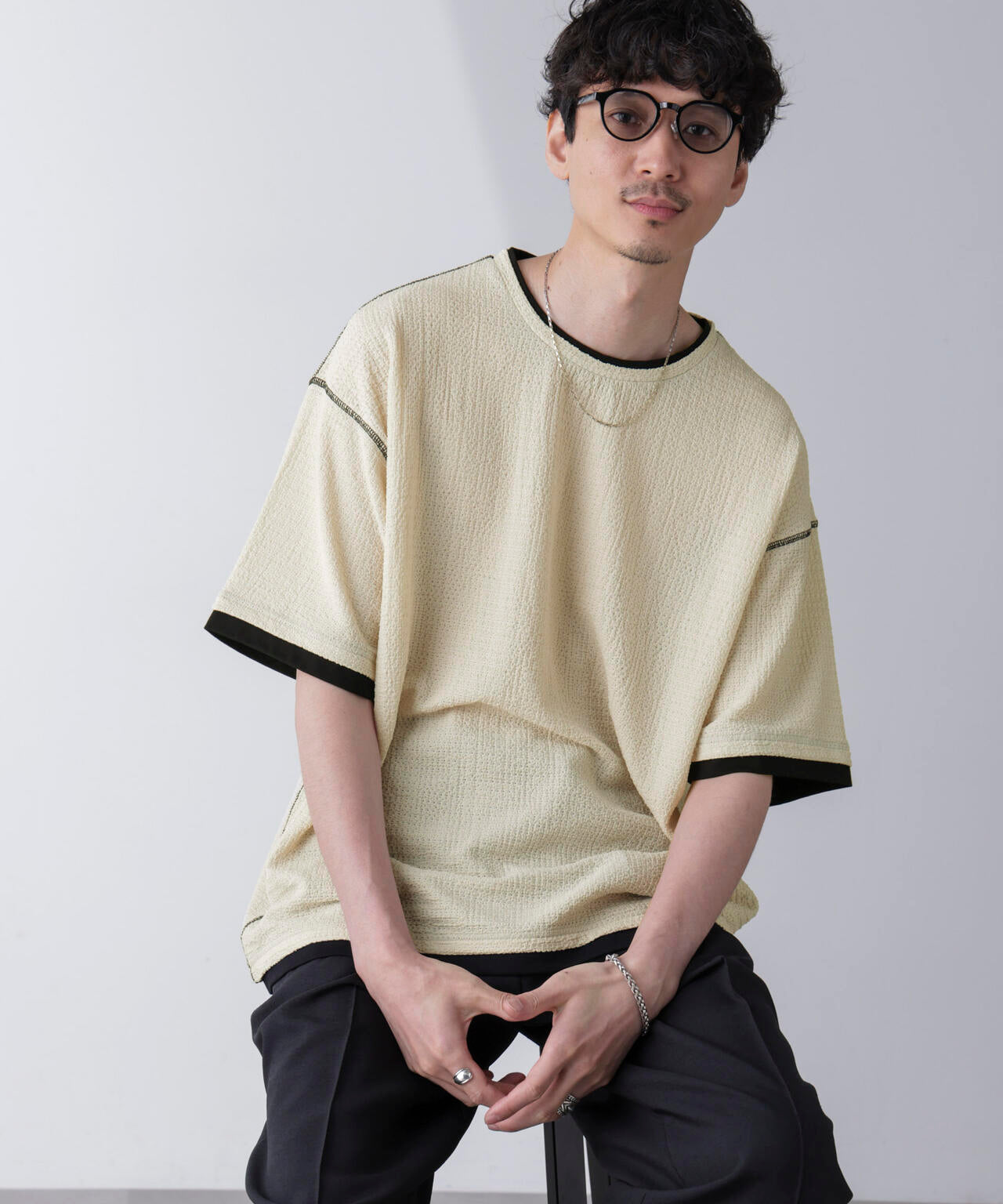 カラーステッチジャガードTシャツ 半袖
