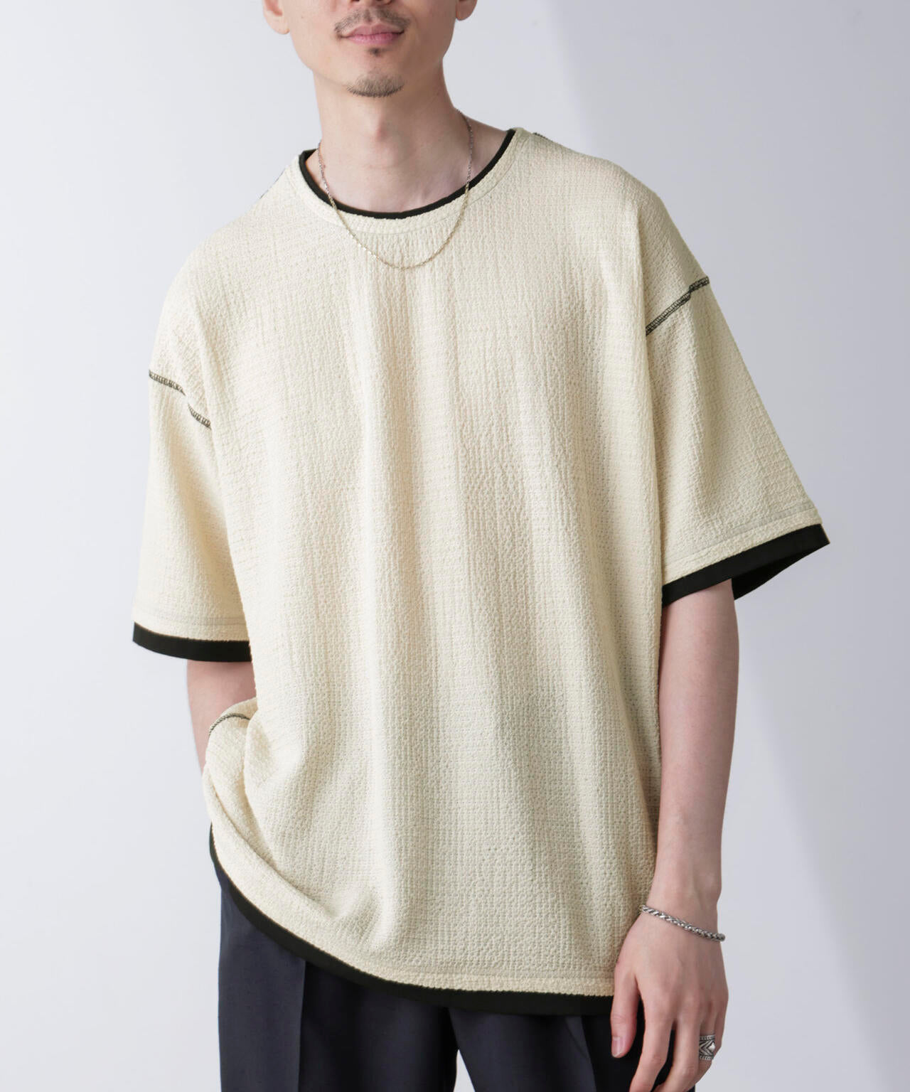 カラーステッチジャガードTシャツ 半袖