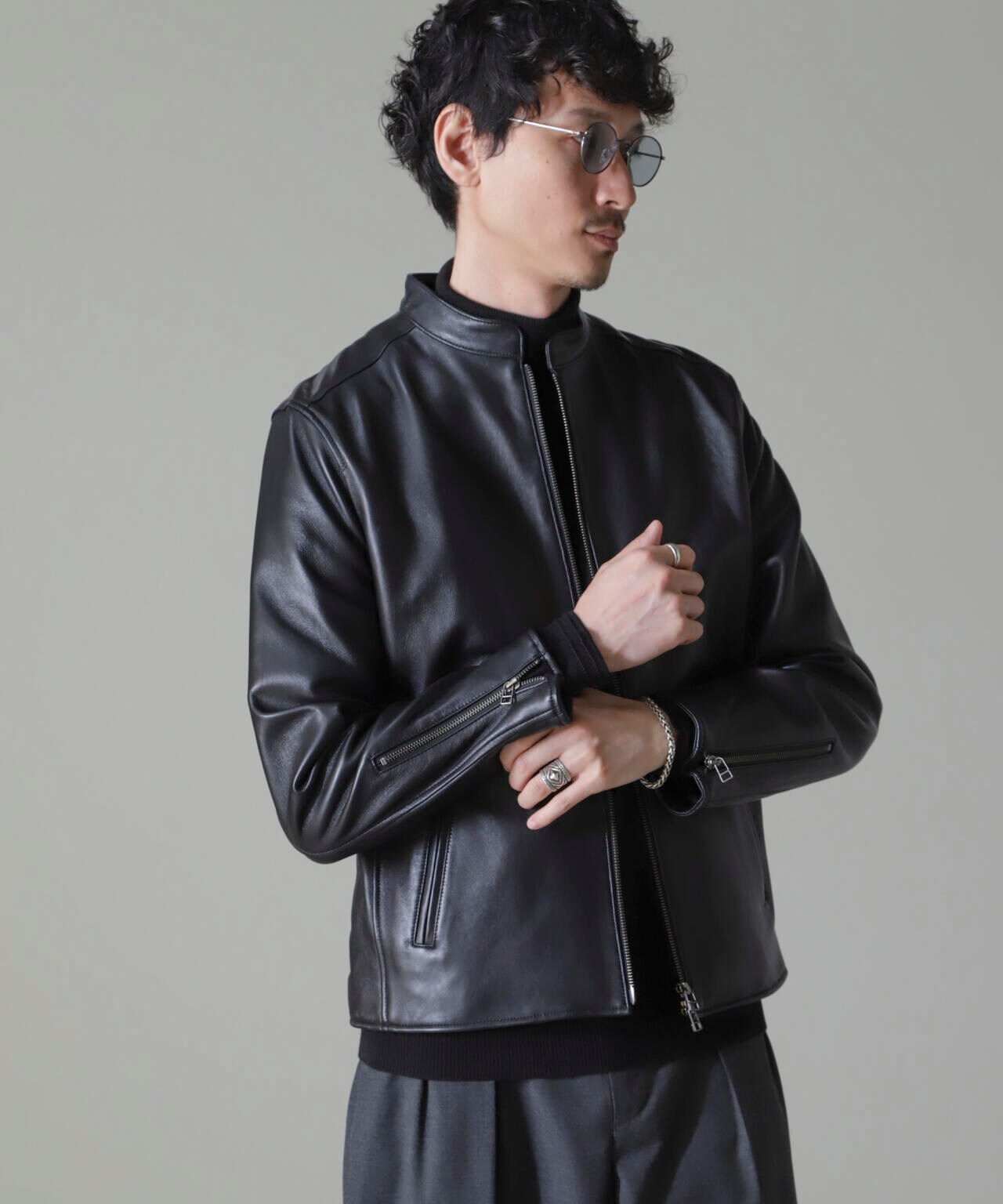 nano universeレザーシングルライダースジャケット バンドカラー レザー シングルライダースジャケット