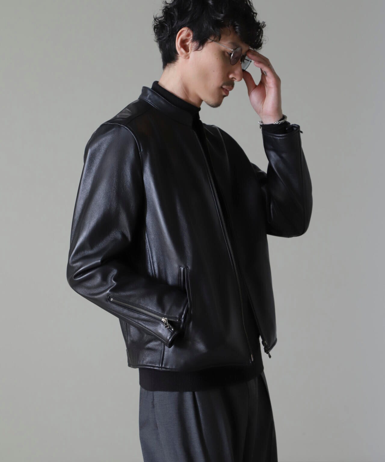 バンドカラーレザーシングルライダースジャケット | NANO universe