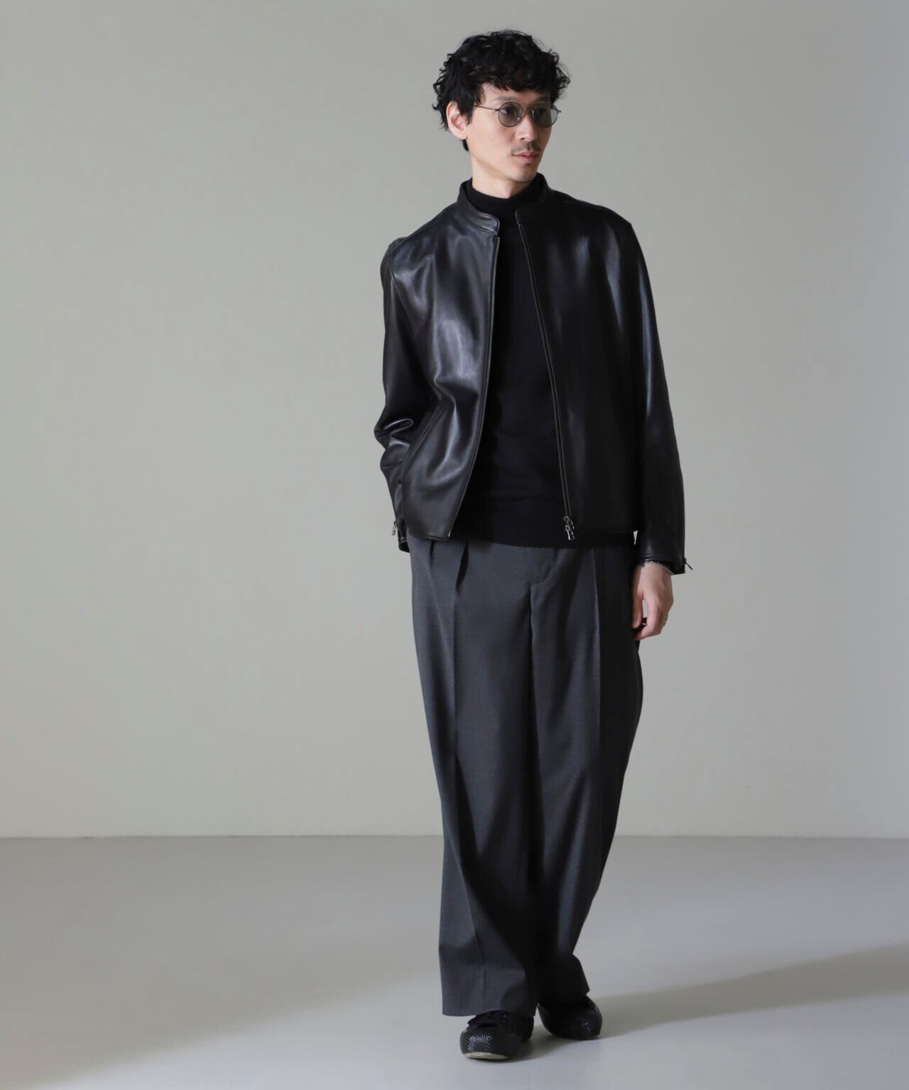 バンドカラーレザーシングルライダースジャケット | NANO