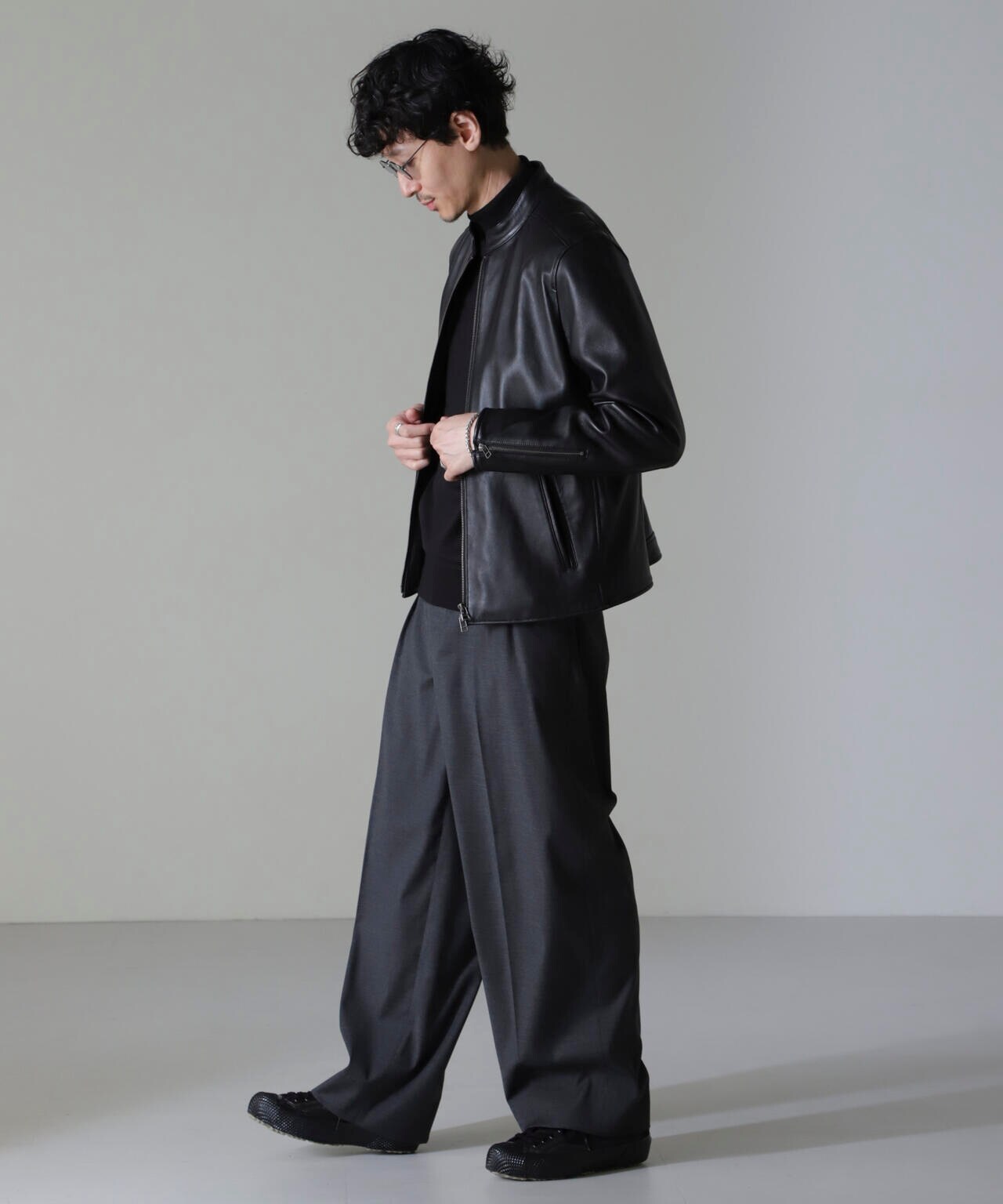 バンドカラーレザーシングルライダースジャケット | NANO