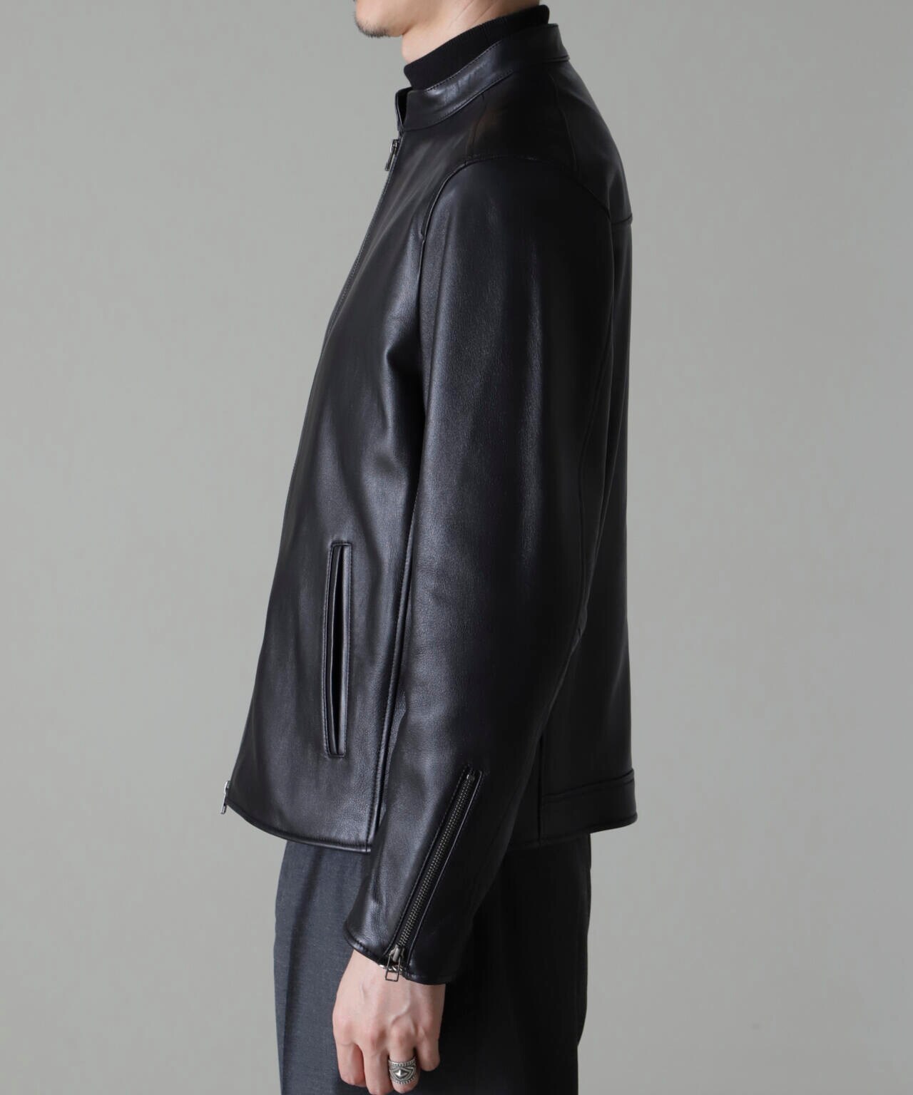 ナノユニバース　シングルレザーライダースジャケット　試着のみ ナノ・ユニバース NANO universe バンドカラーレザーシングル