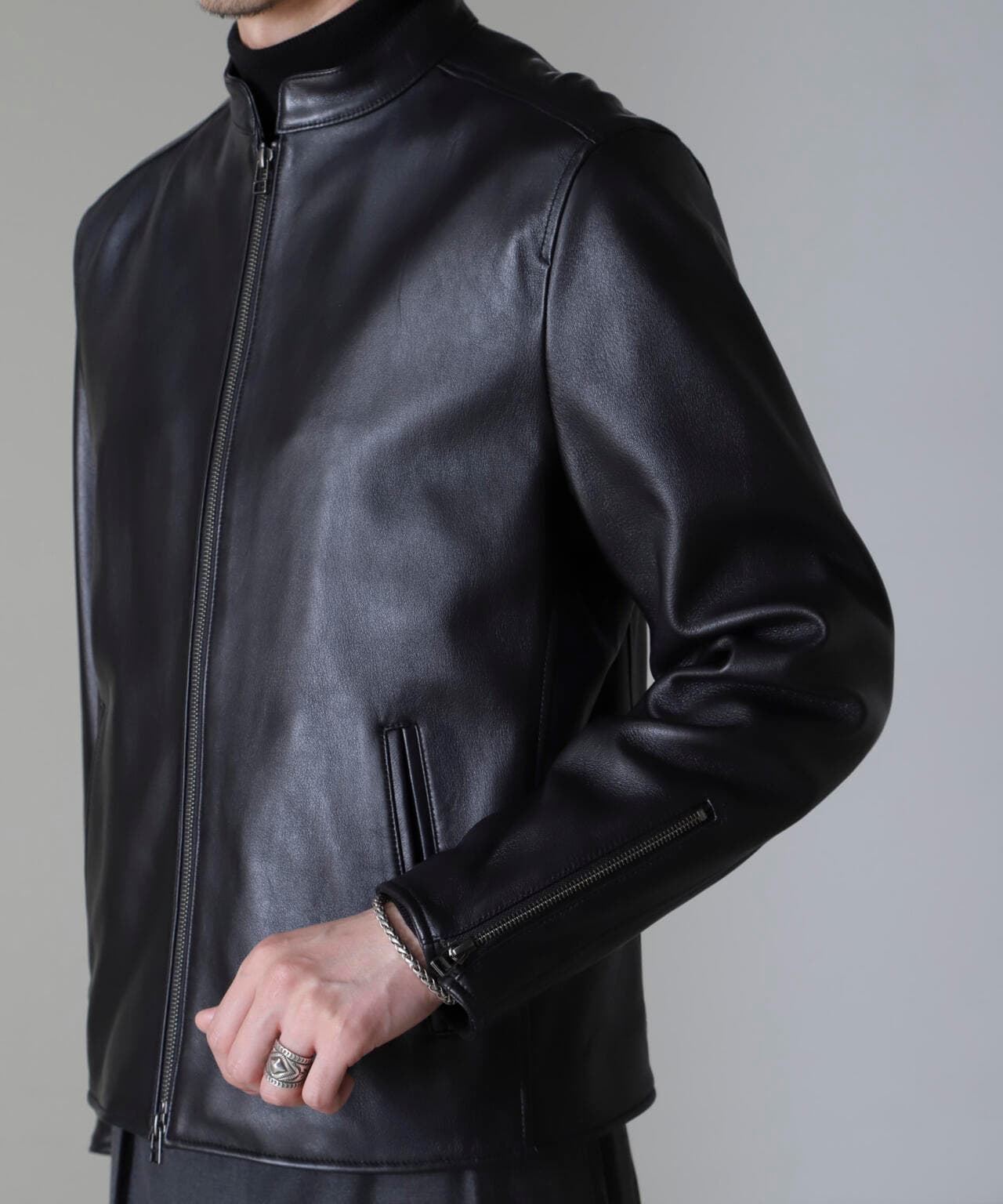 バンドカラーレザーシングルライダースジャケット | NANO