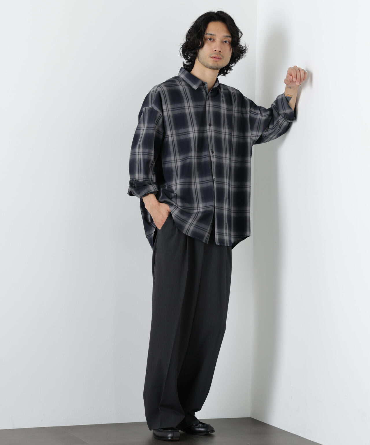 ビッグドレープチェックシャツ 長袖