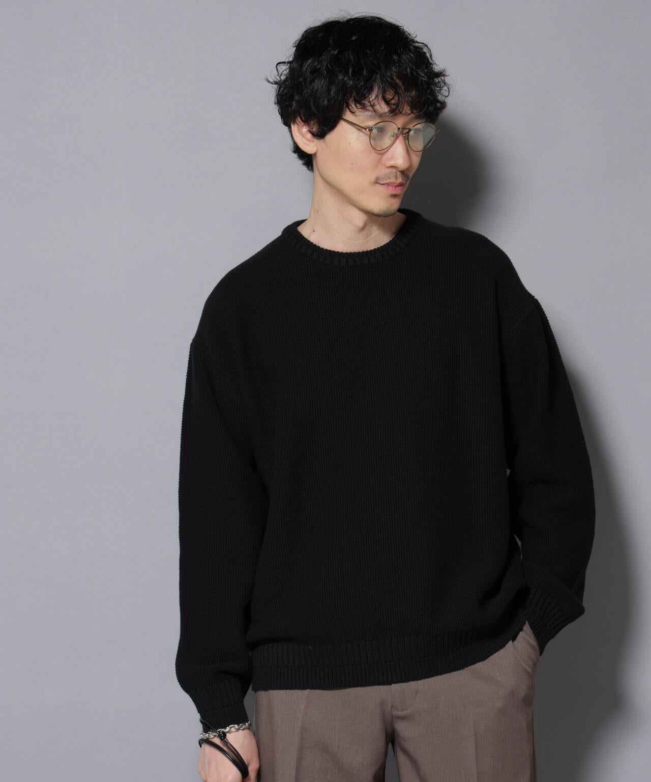 コットンMIXバルキーカノコクルーネックニット