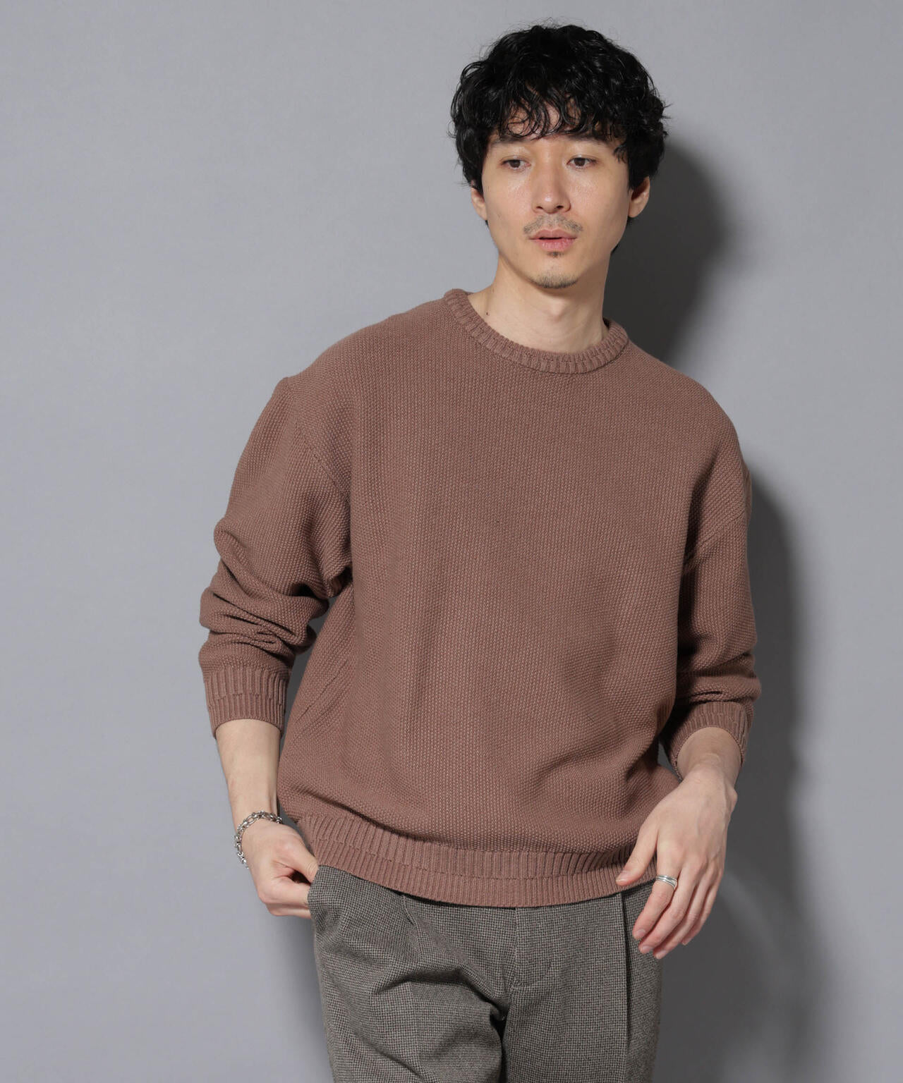 コットンMIXバルキーカノコクルーネックニット