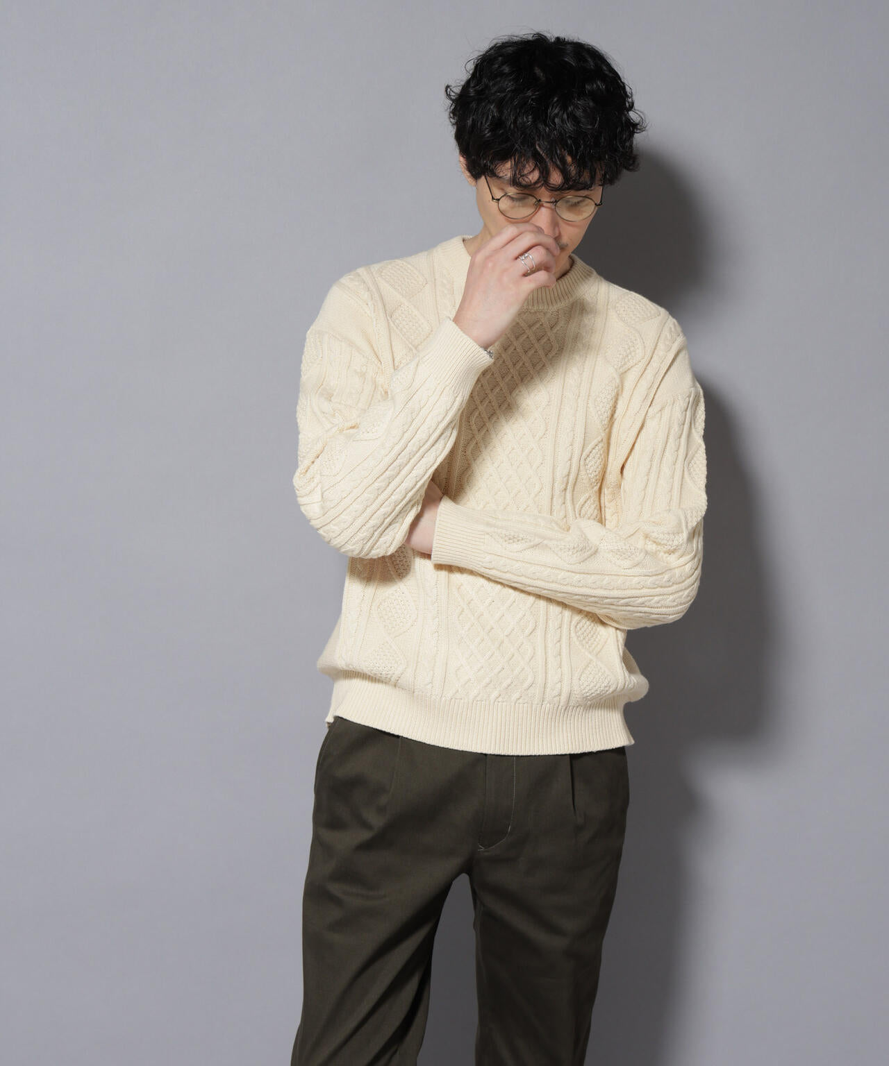 コットンMIXバルキーケーブルニット